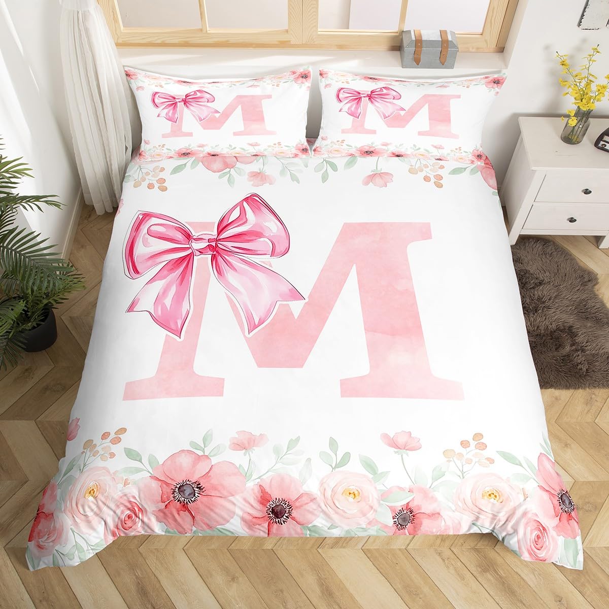 Homewish Dreamy Princess Bowknot King Bedding Sets, Pink Initial Letter M Duvet Cover Cute Kawaii Letter Bow Bed Set Romantic Flower Floral Bowknot Comforter Cover 3 Pieces With 2 Pillowcases