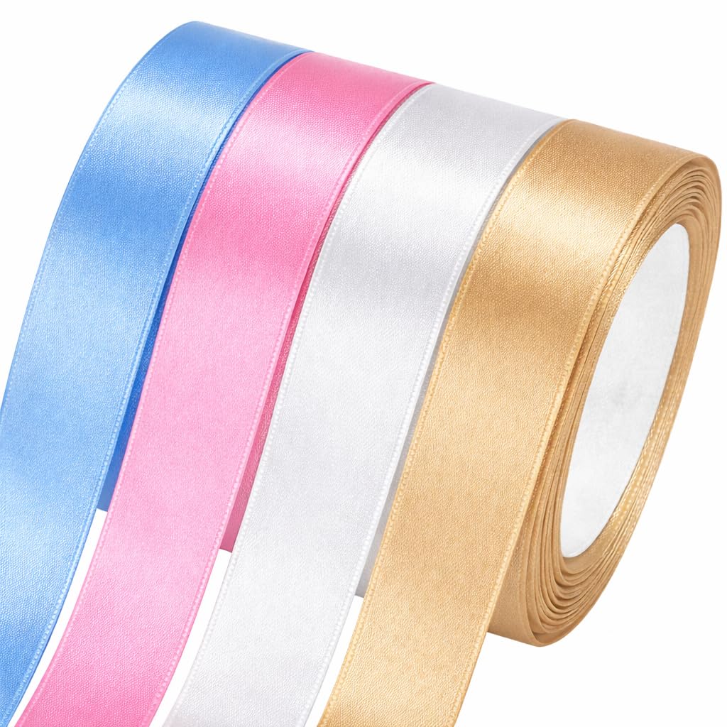 Foshird Satin Ribbon 20mm Thick Ribbon for Gift Wrapping Polyester Ribbons for Crafting Hair Bows Party Decorations Wedding Car Cake Christmas (Pink Blue Gold White)