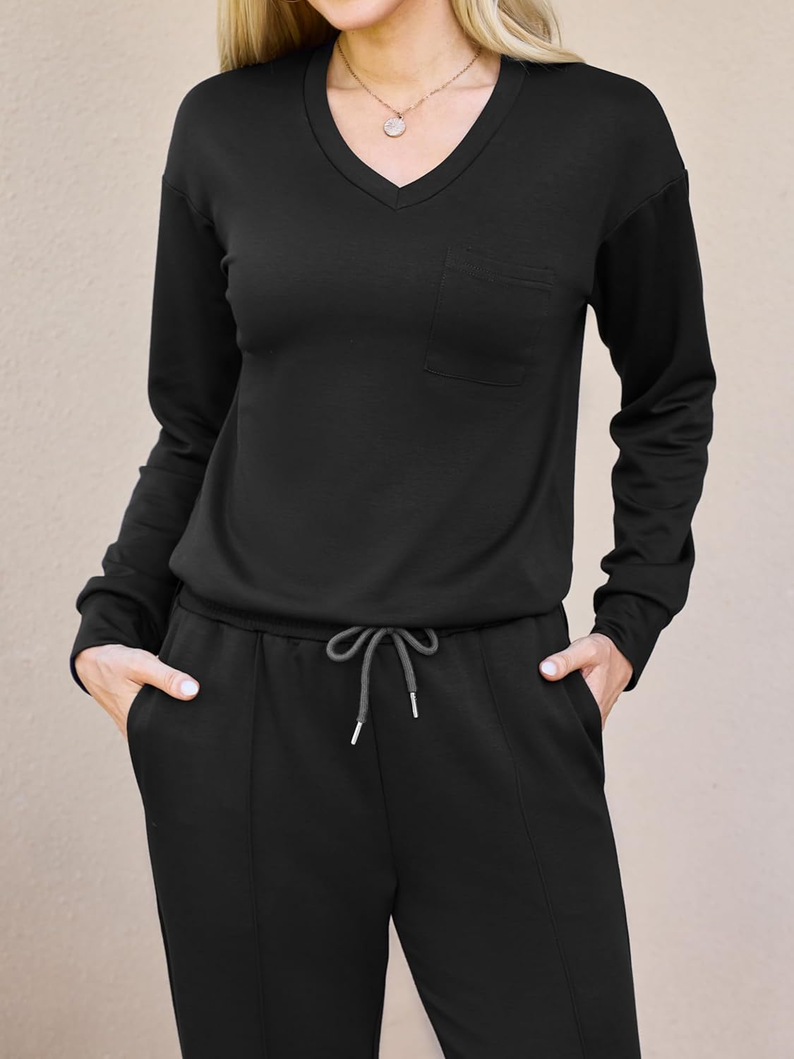 difficort Women's 2 Piece Lounge Sets Casual Travel Airport Outfits Side Slit V-Neck Tops & Wide Leg Pants Matching Set - Image 6