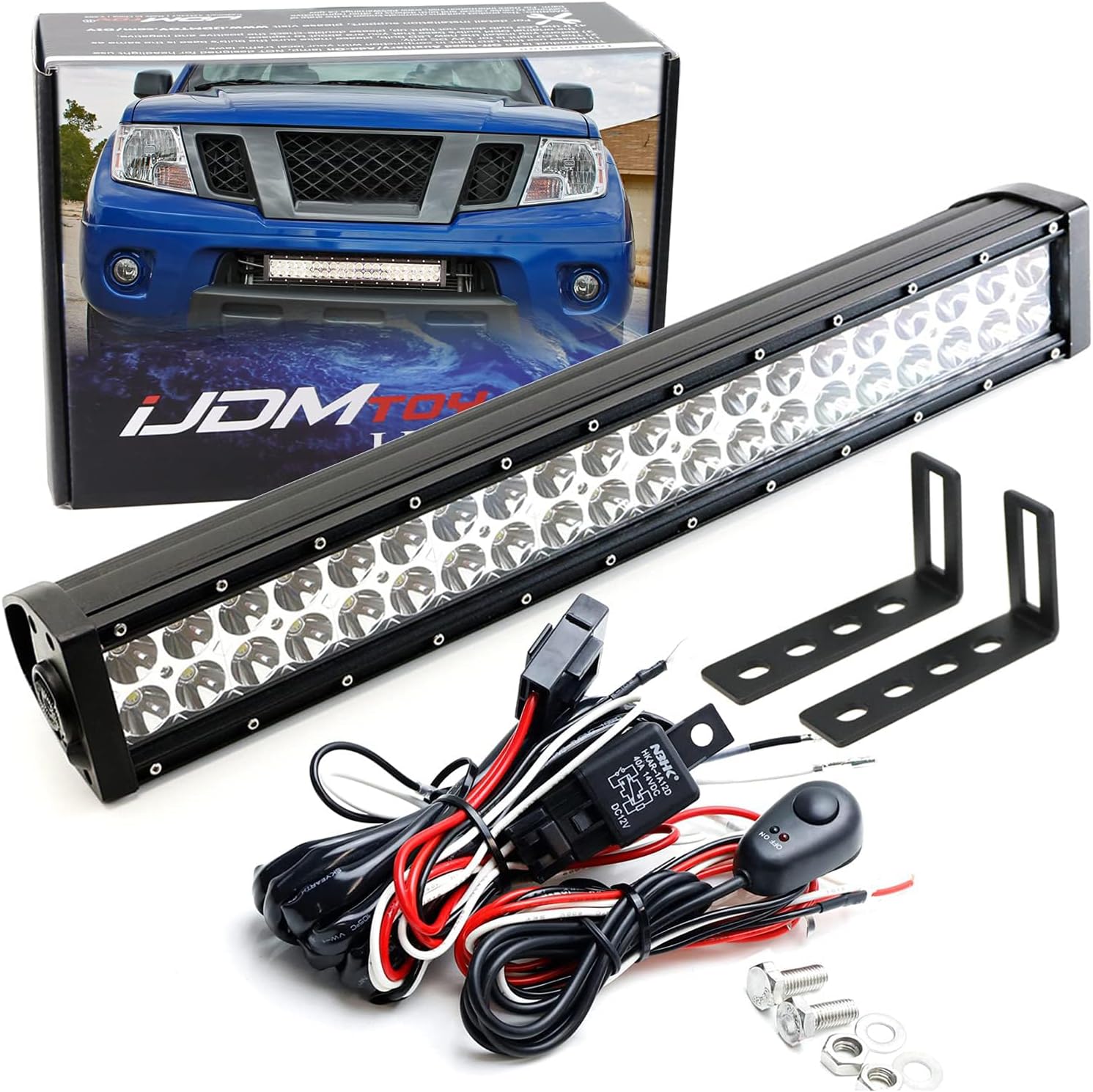 iJDMTOY Lower Grille 20-Inch LED Light Bar Kit Compatible with 2004-18 Nissan Frontier, Includes (1) 120W LED Lightbar, Lower Bumper Opening Mounting Brackets & On/Off Switch Wiring Kit