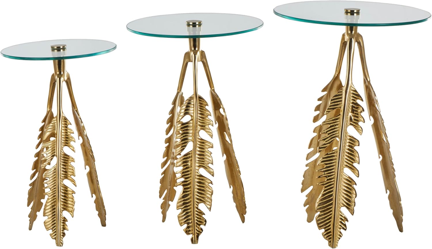 Deco 79 Aluminum Metal Leaf Side End Accent Table End Table with Tripod Legs and Tempered Glass Top, Set of 3 Side Table 24", 23", 20" H, Gold