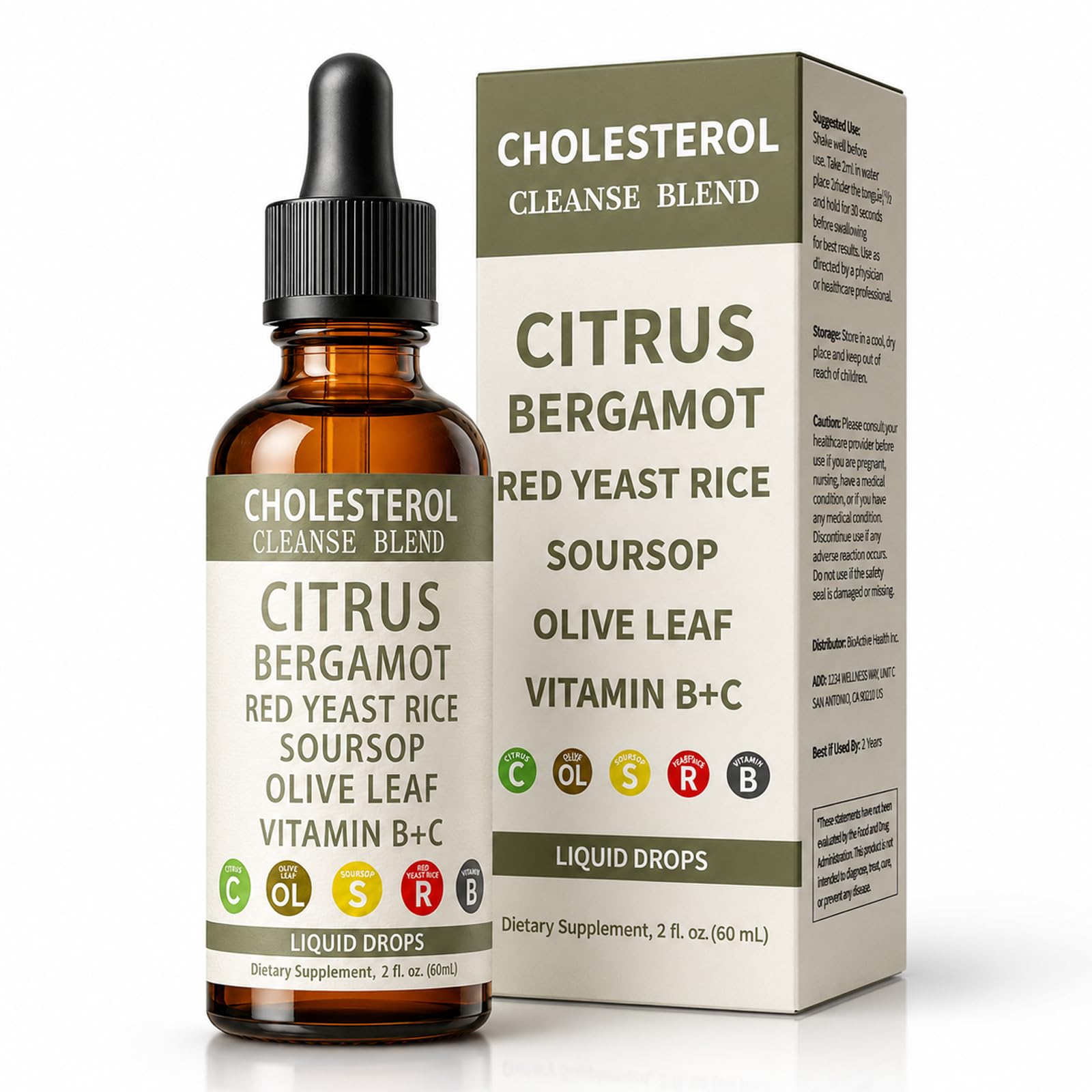 Red Yeast Rice Drops - Cholesterol Support Blend with Citrus, Bergamot, Red Yeast Rice, Soursop, Olive Leaf, Vitamin B+C, Natural, Non-GMO, Vegan, Dietary Supplement, 2 fl. oz (60ml)