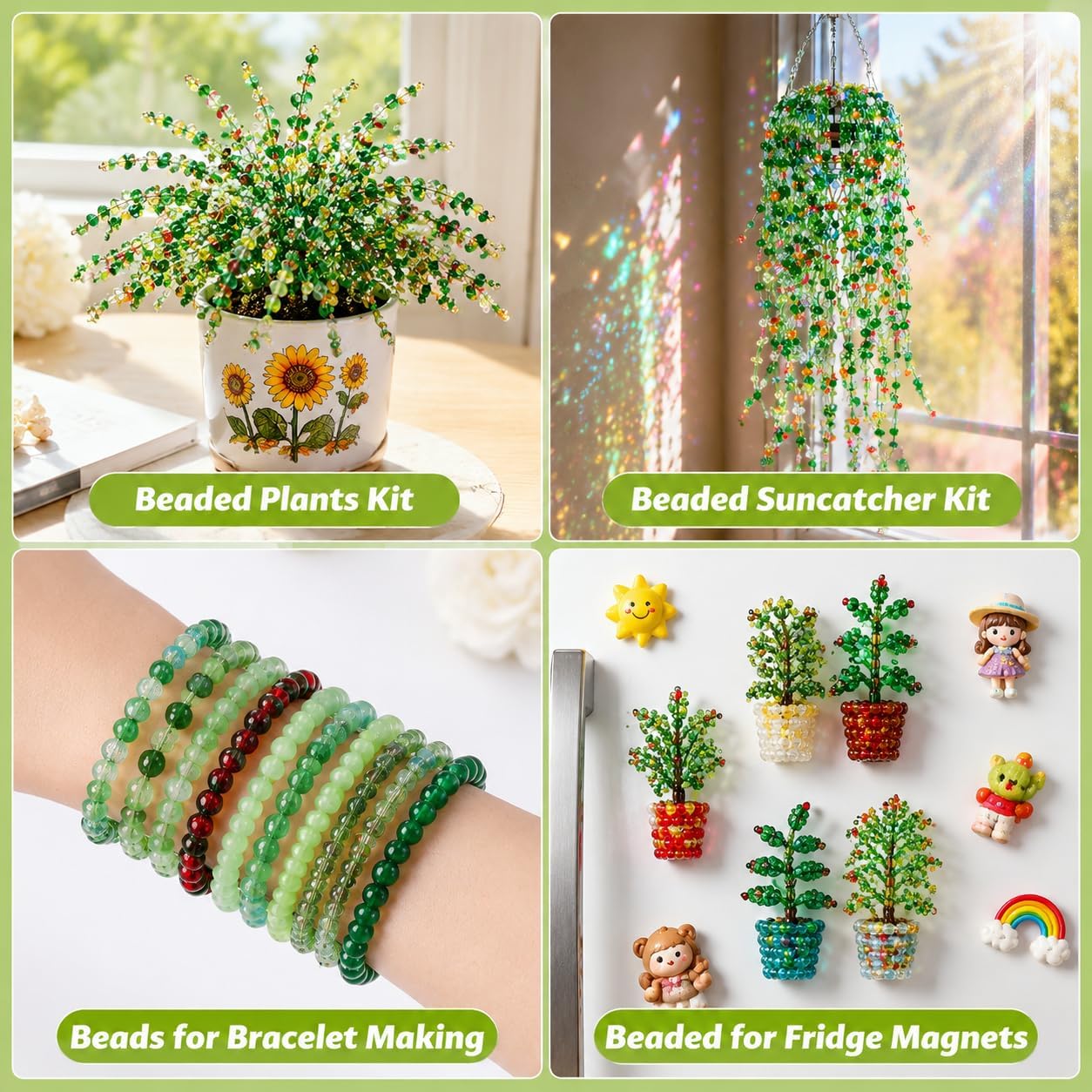 1830 Pcs Green Glass Beads for Plant Making, Forever Plant Kit, Green Beads with Wire for Beaded Plants, Forever Plant Beads for Suncatcher Jewelry Making & DIY Craft Gift for Mothers, Plants Lovers