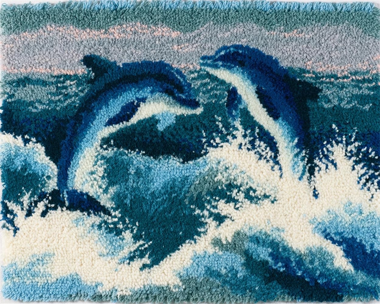 FWRTYCB Latch Hook Kits Rugs,Dolphins Leaping at sea