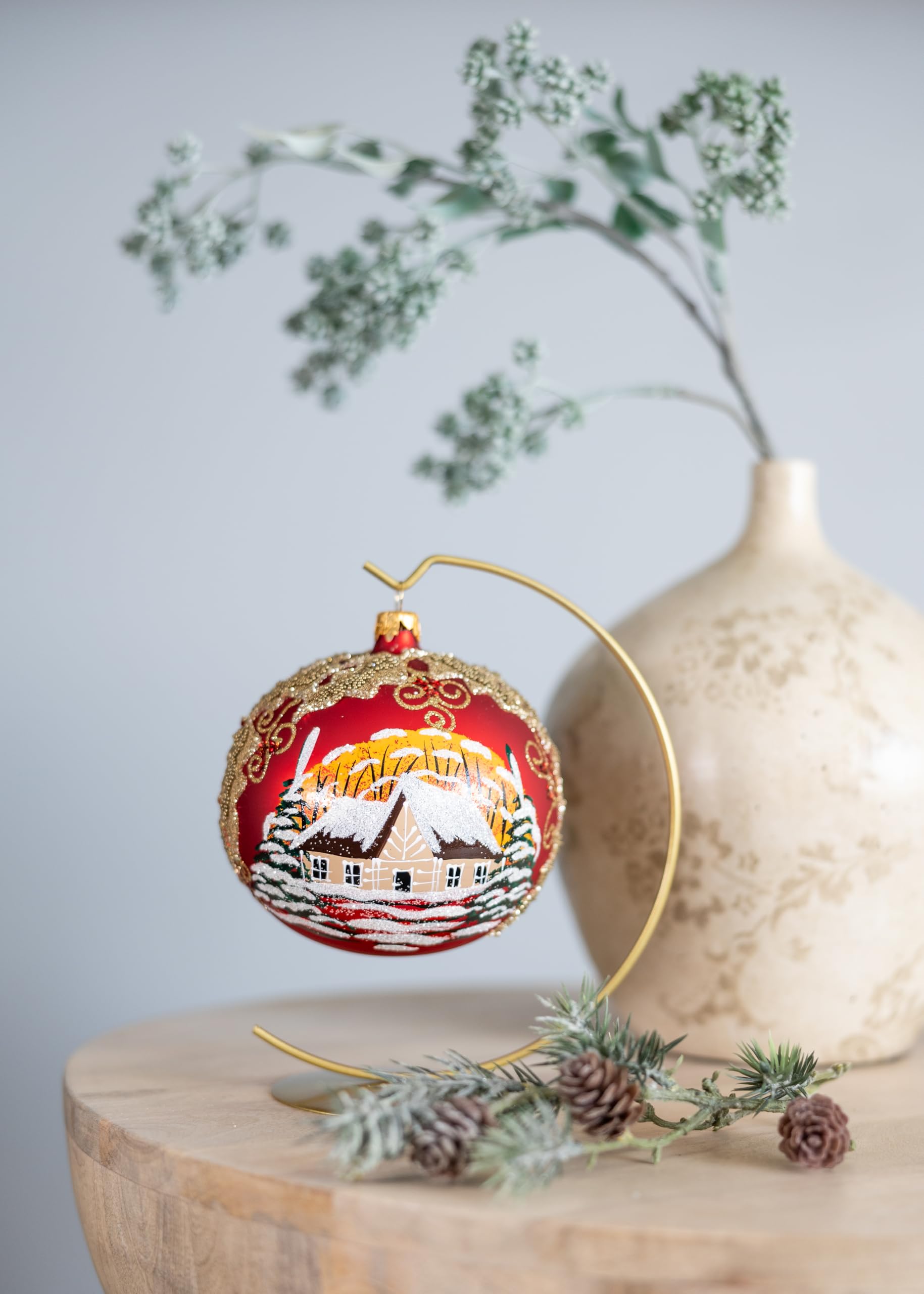 Bola de cristal soplado pintada a mano con diseño de Navidad, color rojo, tamaño mediano, 120 mm, hojas de muérdago