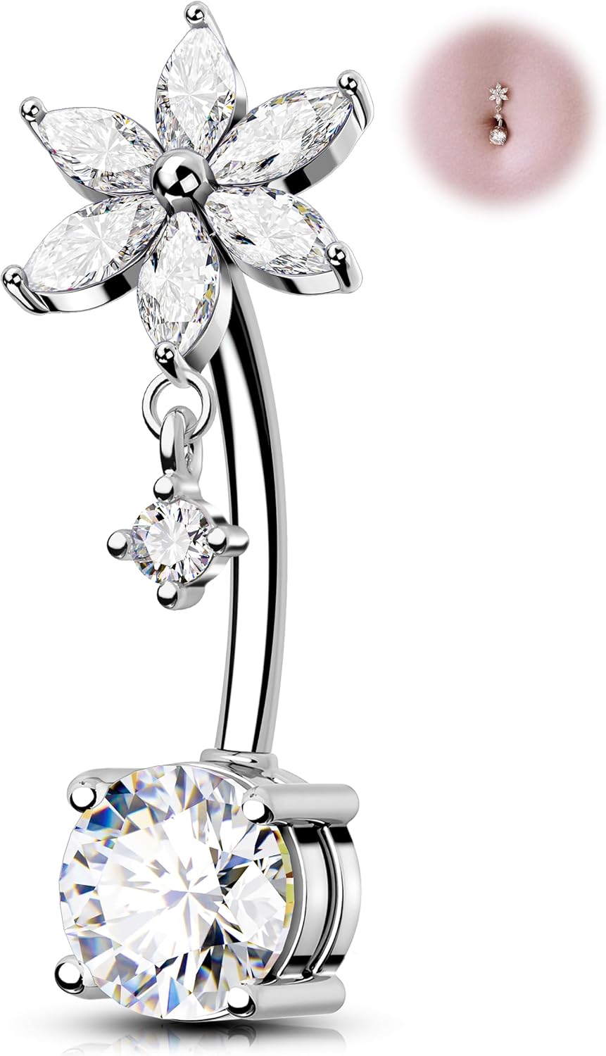 OUFER 14g Dangle Belly Button Rings with Flower Style, Sparkling Cubic Zircon Navel Rings made of 316L Surgical Steel, Hypoallergenic Belly Piercing Jewelry for Women on Beach