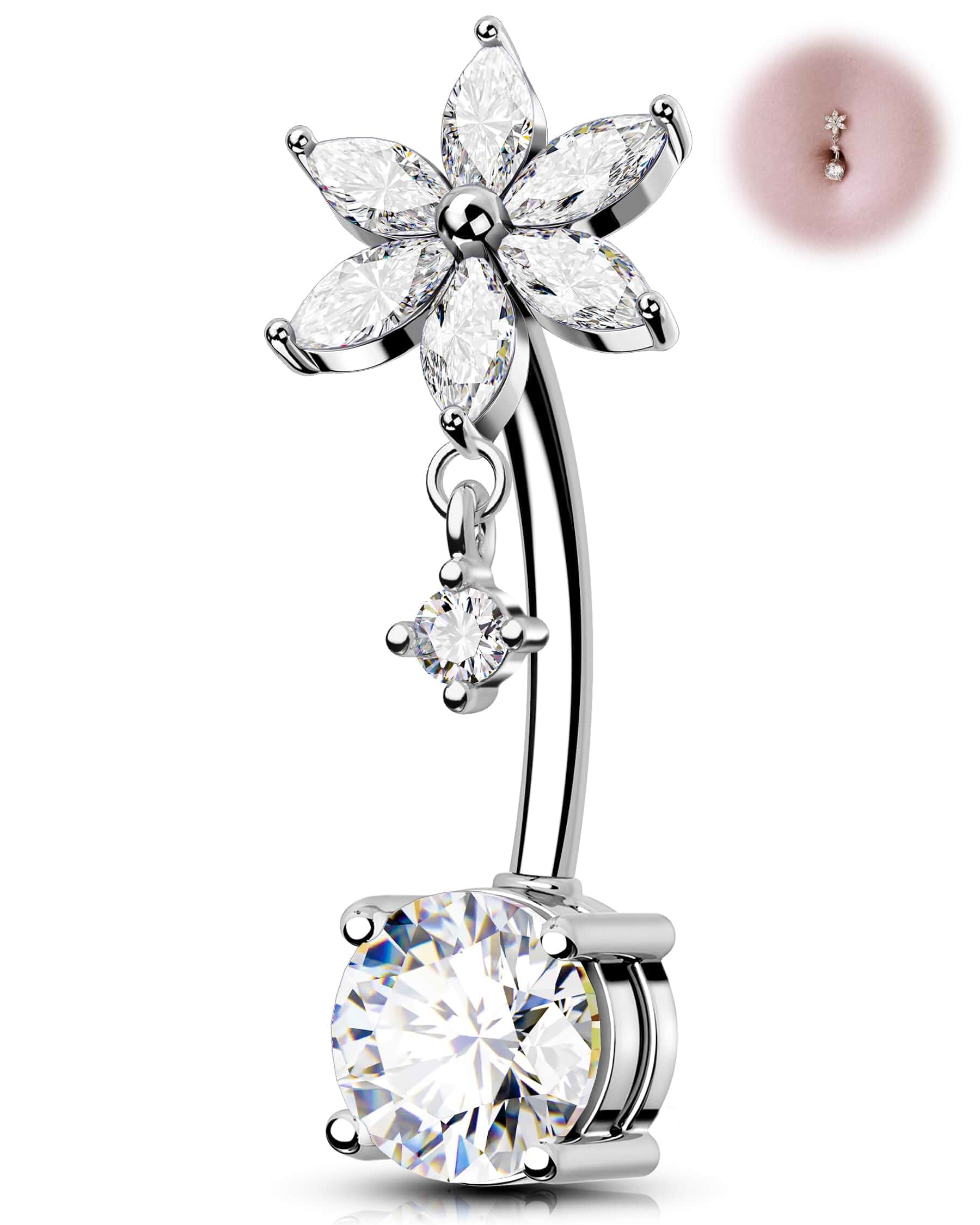 OUFER 14g Dangle Belly Button Rings, Sparkling Cubic Zircon Navel Rings Flower Style Navel Curved Barbell, made of 316L Surgical Steel, Hypoallergenic Belly Piercing Jewelry for Women on Beach