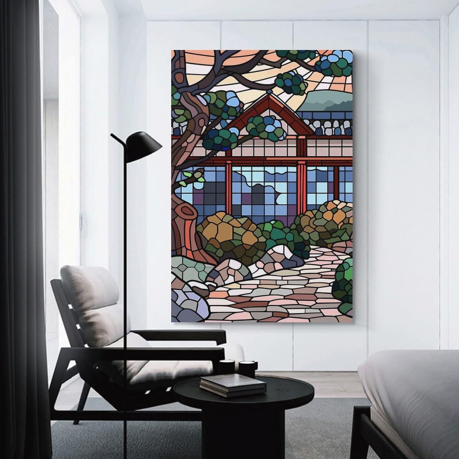 Junmoney Home Decor Wall Art Stained Glass Japanese Garden Scene, 24x36inch(60x90cm), for Workspace Walls, Study Corners Or Bedrooms, A Smart Decor Choice for Study Walls