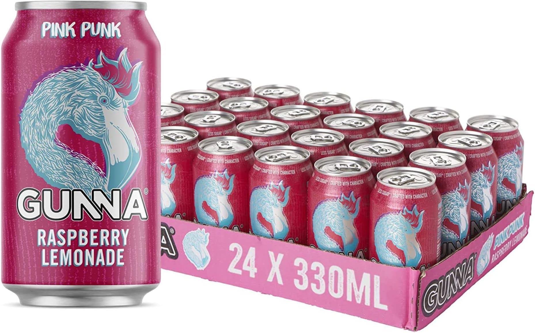 Gunna Fizzy Drinks, 24 Cans, Raspberry Lemonade, Sparkling Natural Soft Drink and Mixer, Real Raspberry and Lemon Flavour, 330 ml x 24