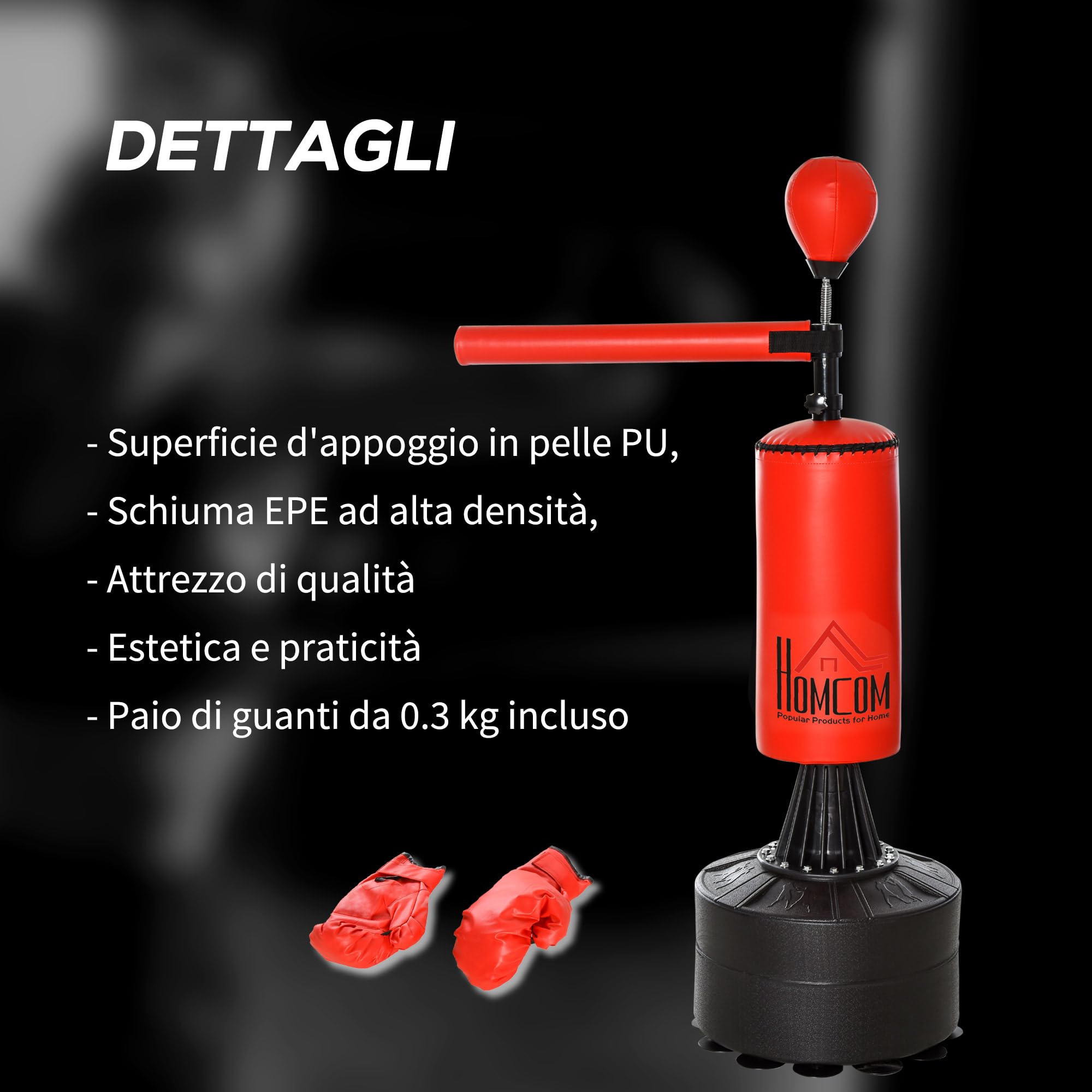 HOMCOM Sacco da Boxe ad Altezza Regolabile con Punching Ball, Base Riempibile e Asta Rotante, Sacco da Terra in PU, EPE e HDPE, 88x48x155-205 cm, Rosso e Nero