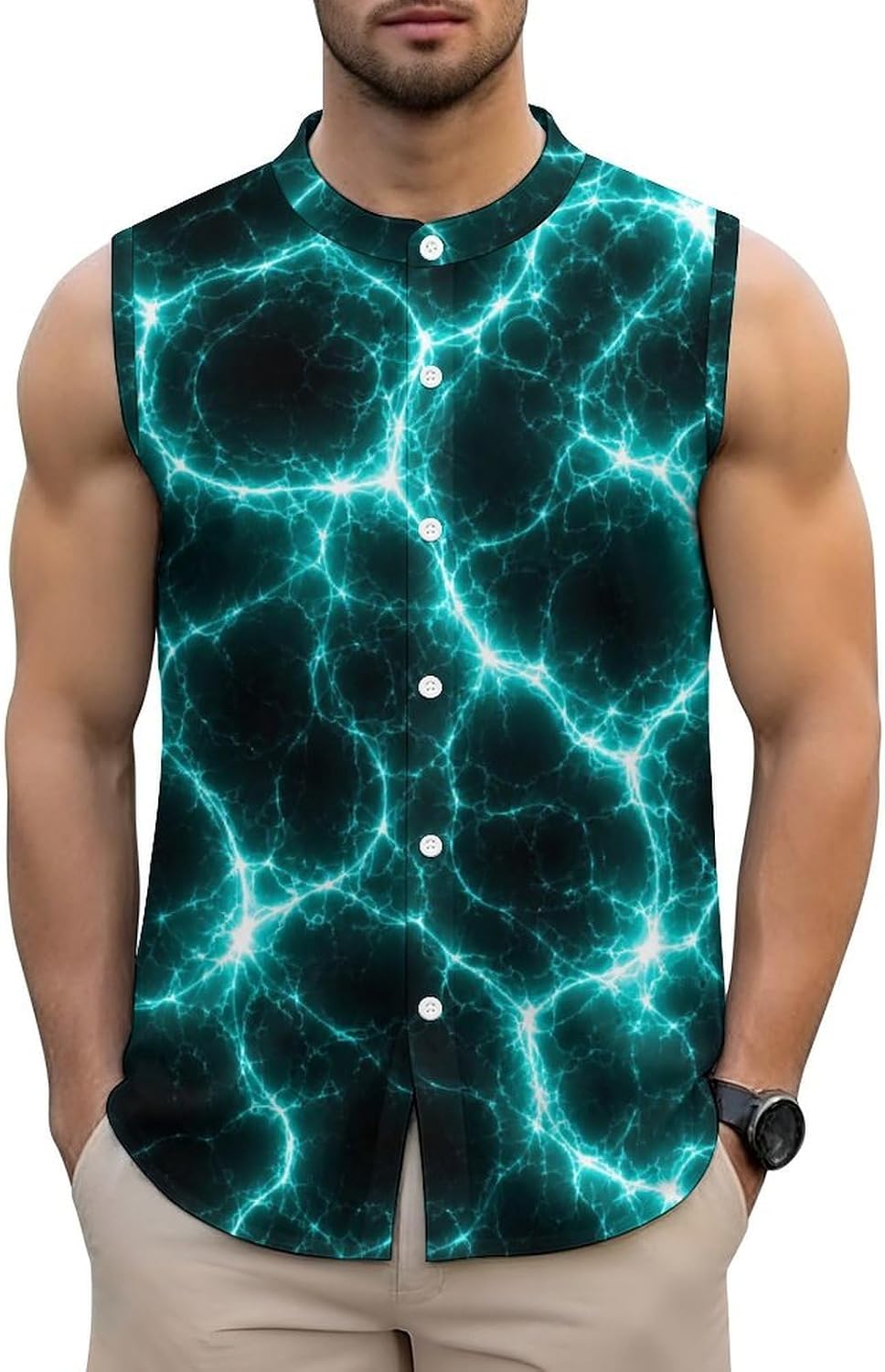 Mens Sleeveless Shirts Button Up Beach Shirt Yellow Lightning