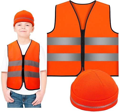 Miniatura 9 de Berlune Juego de 2 piezas de chaleco y gorro de caza naranja para niños, alta visibilidad, reflectante, ropa de caza, chalecos de seguridad para