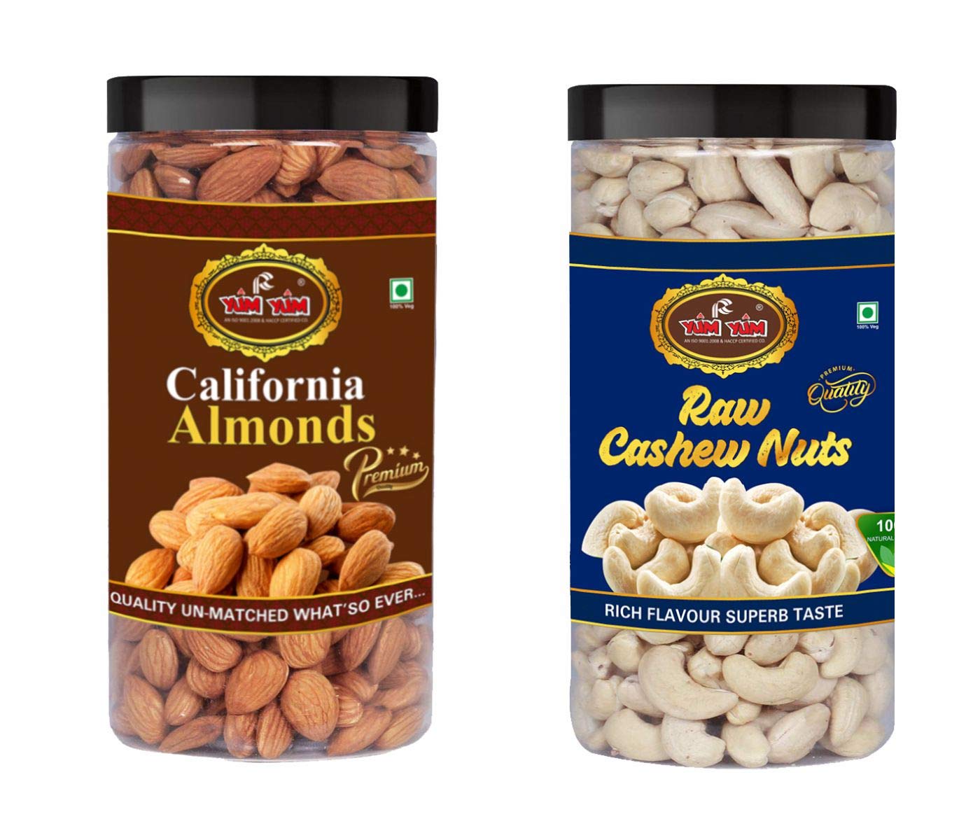 YUM YUM Premium Dry Fruits Combo Pack of 2 | California Almonds 500g, Whole Raw W240 Cashew Nut 500g | Total 1 Kg | Healthy Dry Fruits Snacks | Kaju, Badam Dry Combo