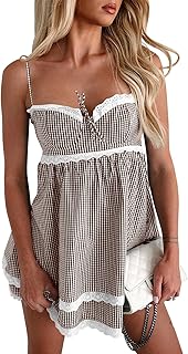 Womens Summer Mini Dress Spaghetti Strap Sweetheart Y2K Plaid Lace Trim Tiered Beach Sundress Dresses - Buy now