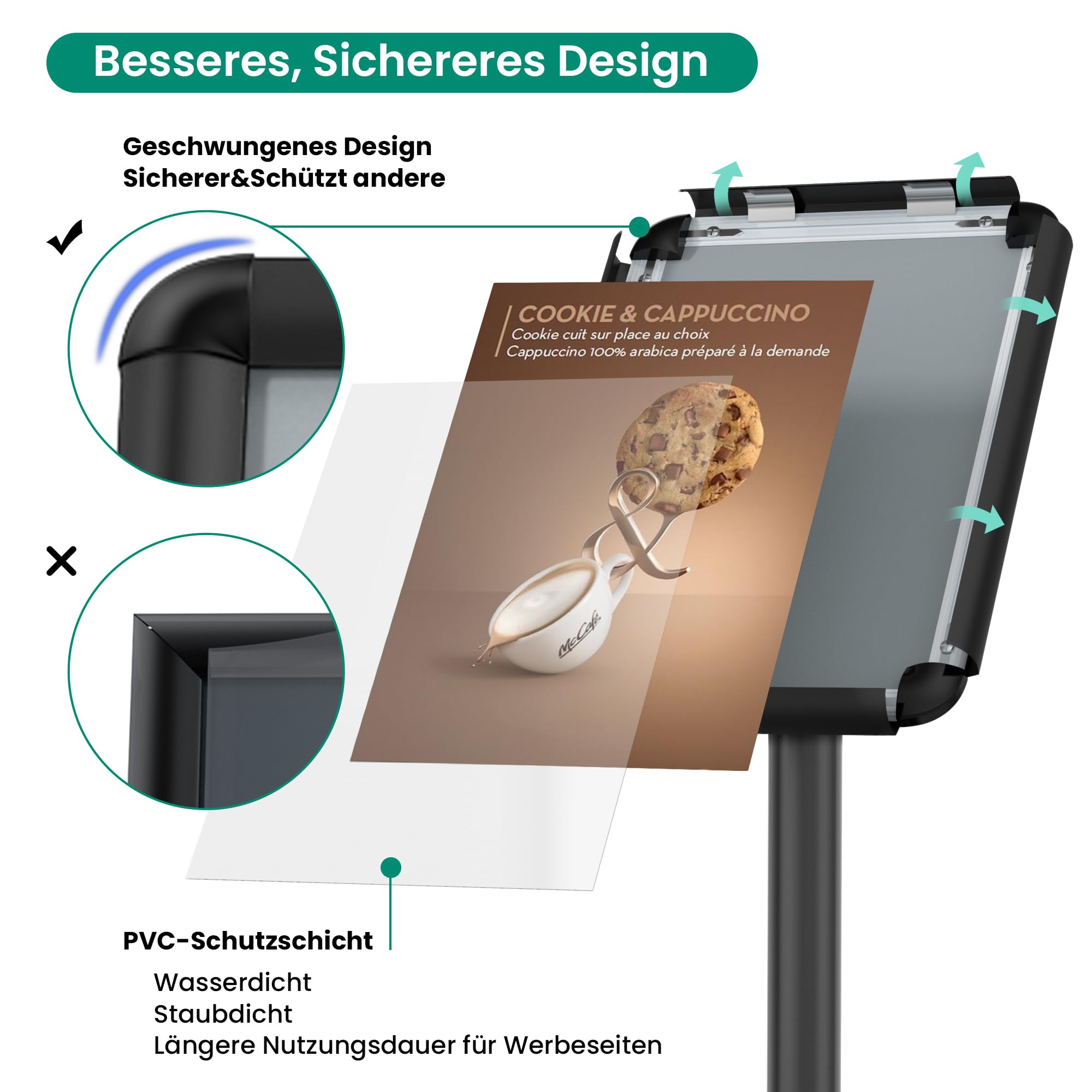 Infoständer DIN A4 297x210mm Informationsständer Höhenverstellbar Edelstahl Kundenstopper Aufsteller Plakatständer Präsentationsständer Werbeständer (Schwarz, A4)