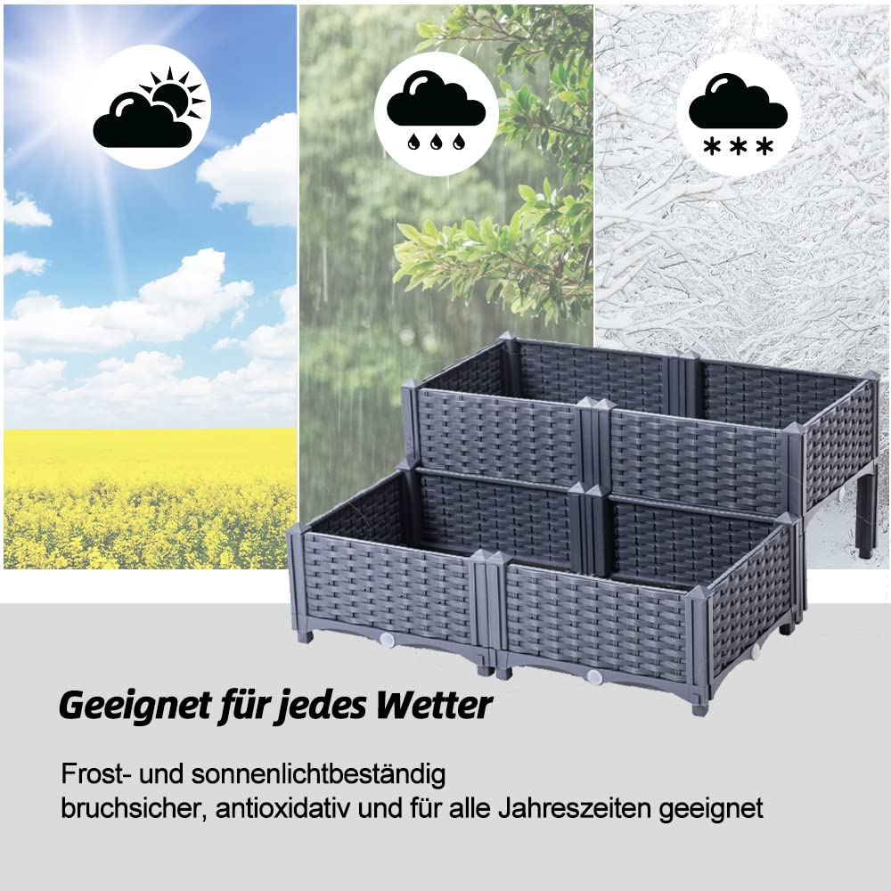 Mingone Pflanzkübel & Blumenkübel Outdoor – Wasserspeicher, Drainage – selbstbewässernd für Kletterpflanzen, ideal für Balkon, Terrasse & Garten (80×80×23-38cm, Rattan-Optik Graublau)