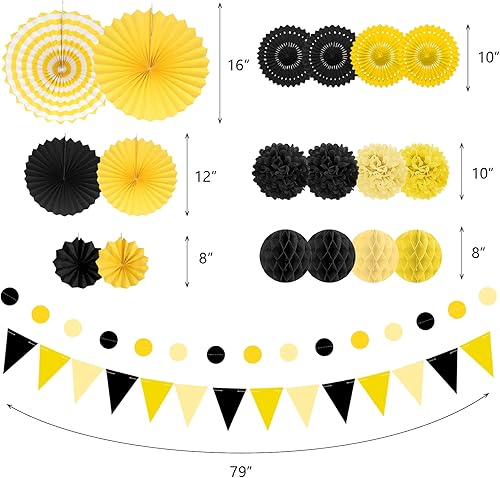Miniatura 3 de Decoraciones de fiesta en negro y amarillo, 23 piezas de abanicos de papel colgantes para decoración de cumpleaños con pompones negros para