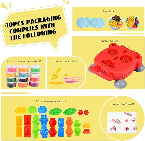 Vista 4 de Juego de masa de color Kitchen Creations Waffle Pizza Hamburguesa para simular, juguete de chef, juego de herramientas de modelado de alimentos