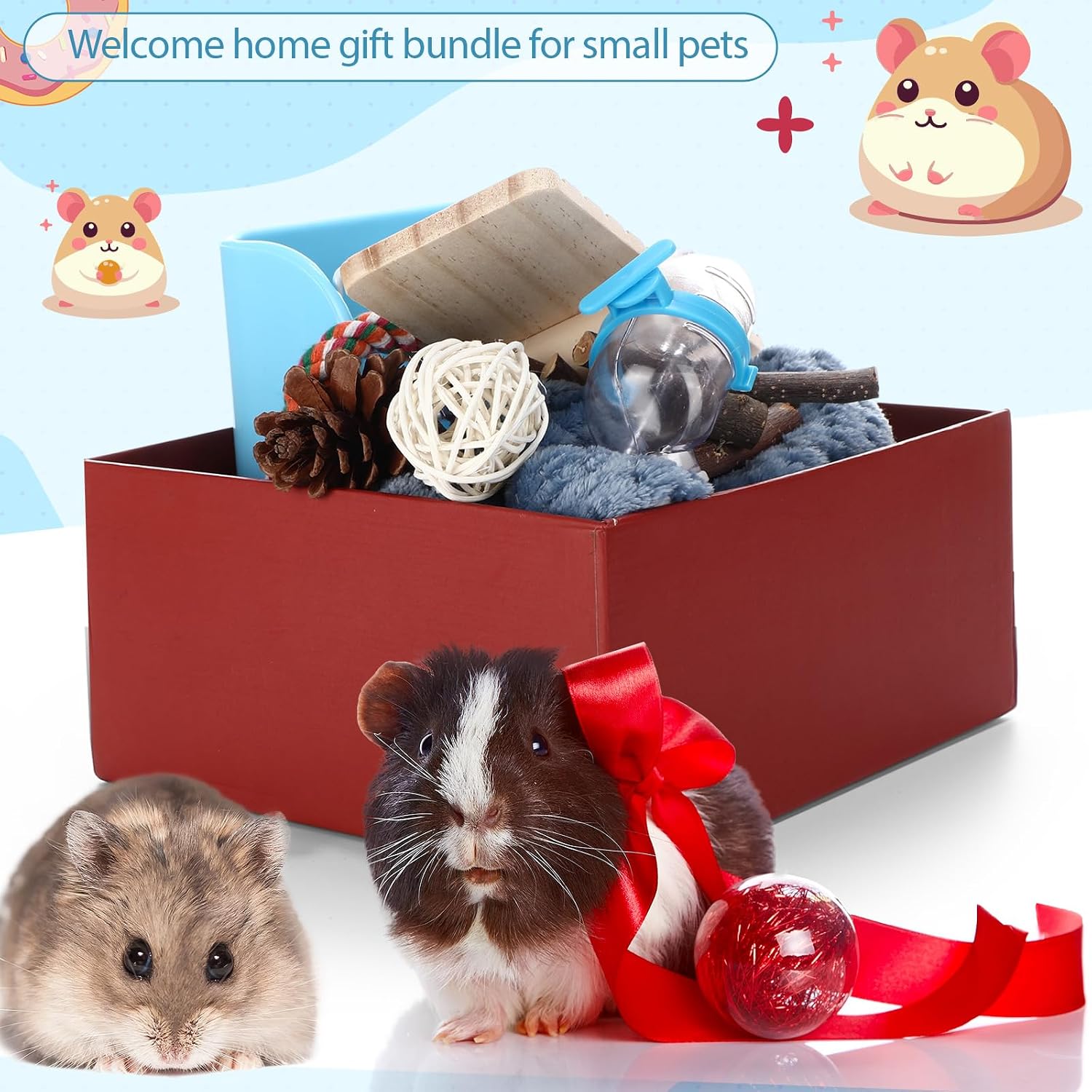 Soulchen 20 Pcs Guinea Pig Hamster Beginner Set Include Rat Hammock Blanket, Mat, Towel, Small Toilet, Feeding Bowl, Cleaning Kit, Water Dispenser, Play Path, Travel Bag and Toy for Beginner(Blue)