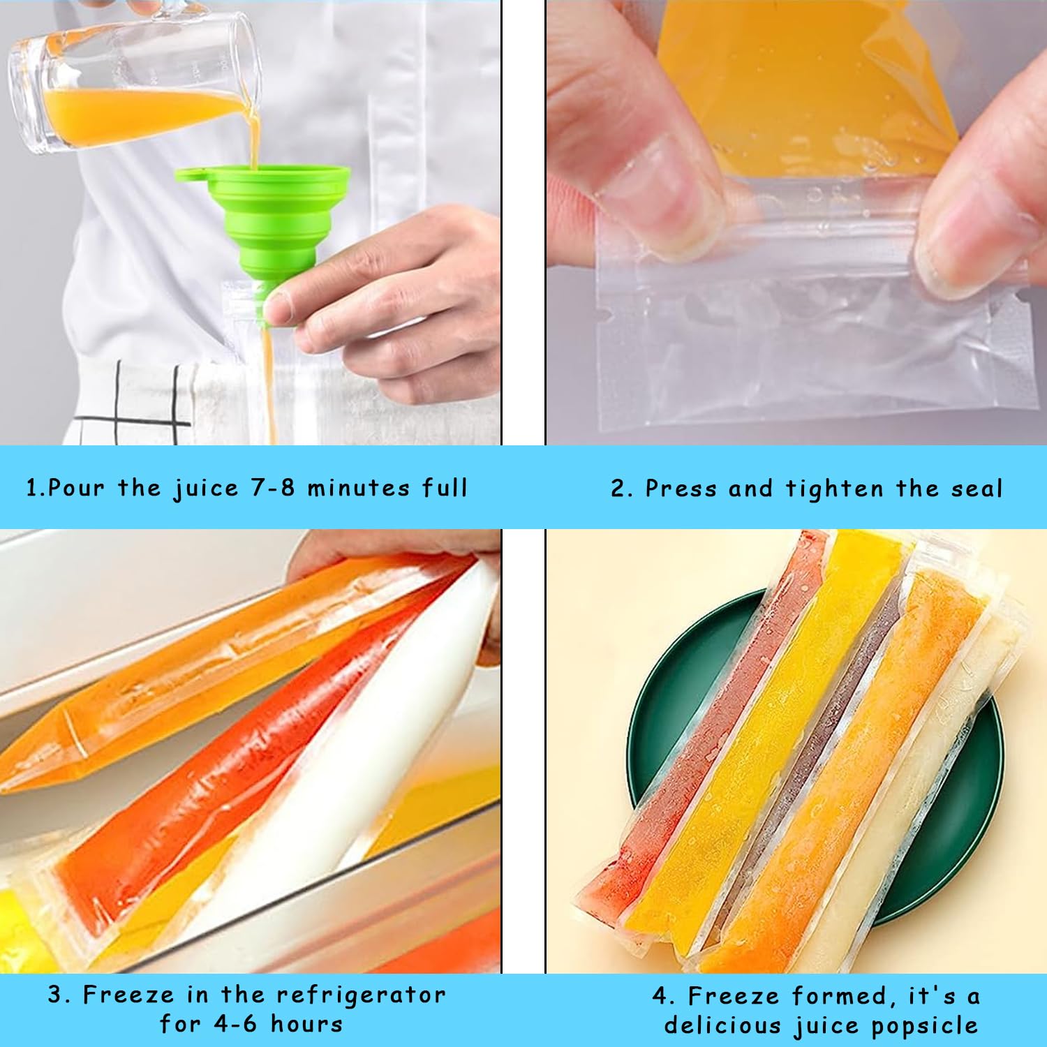 Glacon Reutilisable Sacs Popsicle, 200 Pièces Sacs à Glace Jetables Avec 1 Entonnoir En Silicone, DIY Pochettes Popsicle Moule, Sacs De Sucettes Glacées Pour Yaourt, Bonbons Glacés, Glaces Party Favors Pop Ice