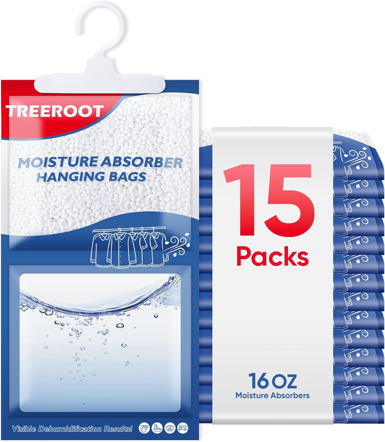 15 Pack Moisture Absorbers for Closet, 16OZ Hanging Closet Dehumidifier Bags, Hanging Humidity Absorber in Wardrobes, Kitchens and Bathrooms