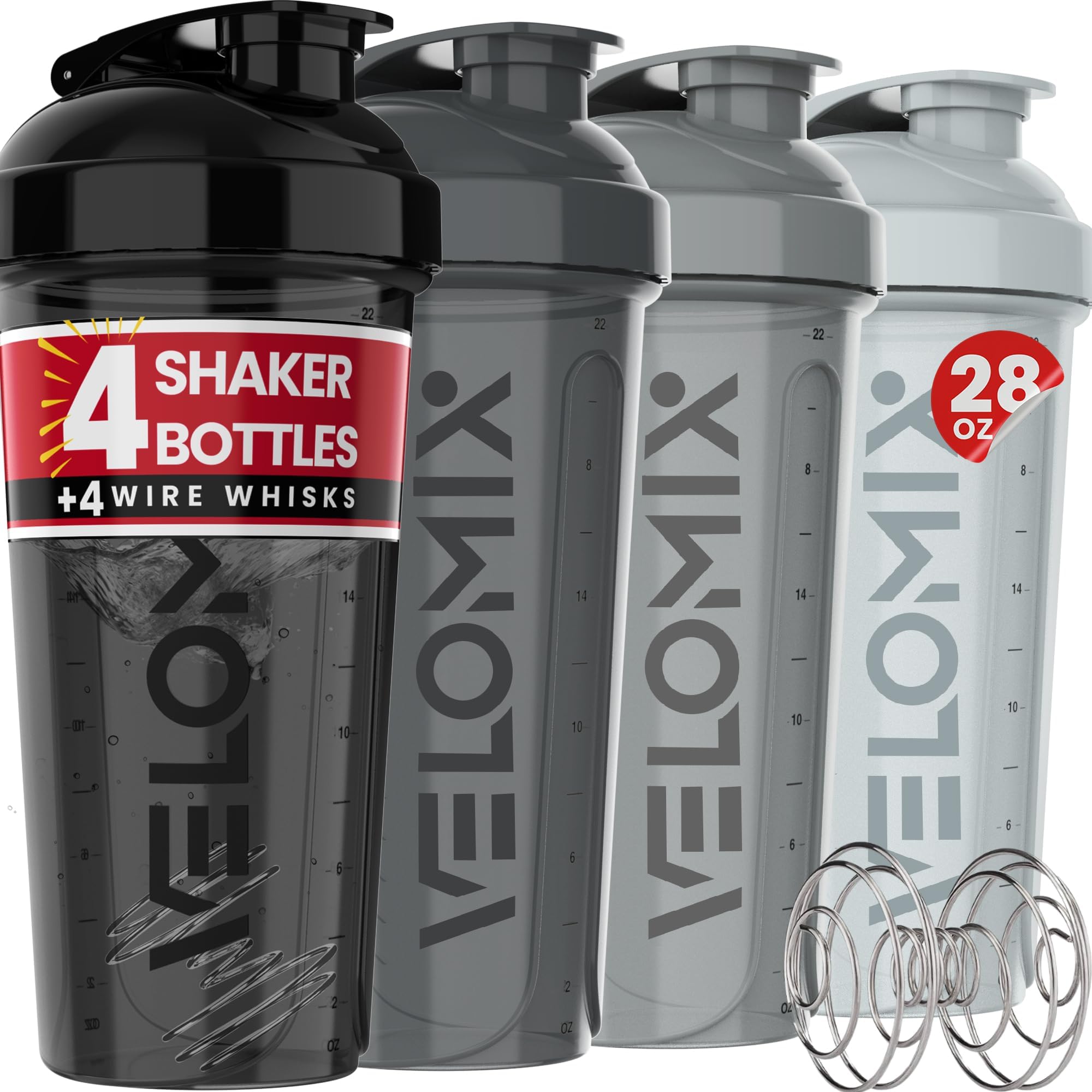 - VELOMIX -4 Pack- 28 oz Protein Shaker Bottles for Protein Mixes - 4x Wire Whisk | Leak Proof Shaker Cups for Protein Shakes | Stackable Protein Shaker Bottle Pack (Silver Mix)