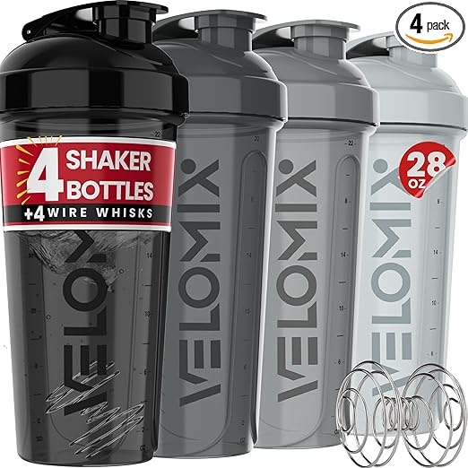 -4 PACK- 28 oz Protein Shaker Bottle for Protein Mixes - 4x Wire Whisk | Leak Proof Shaker Cups for Protein Shakes | Protein Shaker Bottle Pack | Protein Shake Cup(Silver Mix)