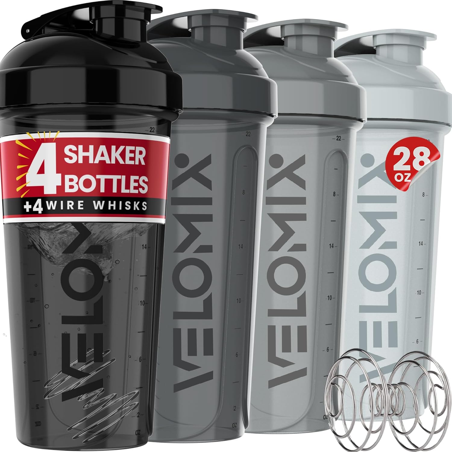VELOMIX -4 Pack- 28 oz Protein Shaker Bottles for Protein Mixes - 4x Wire Whisk Leak Proof Shaker