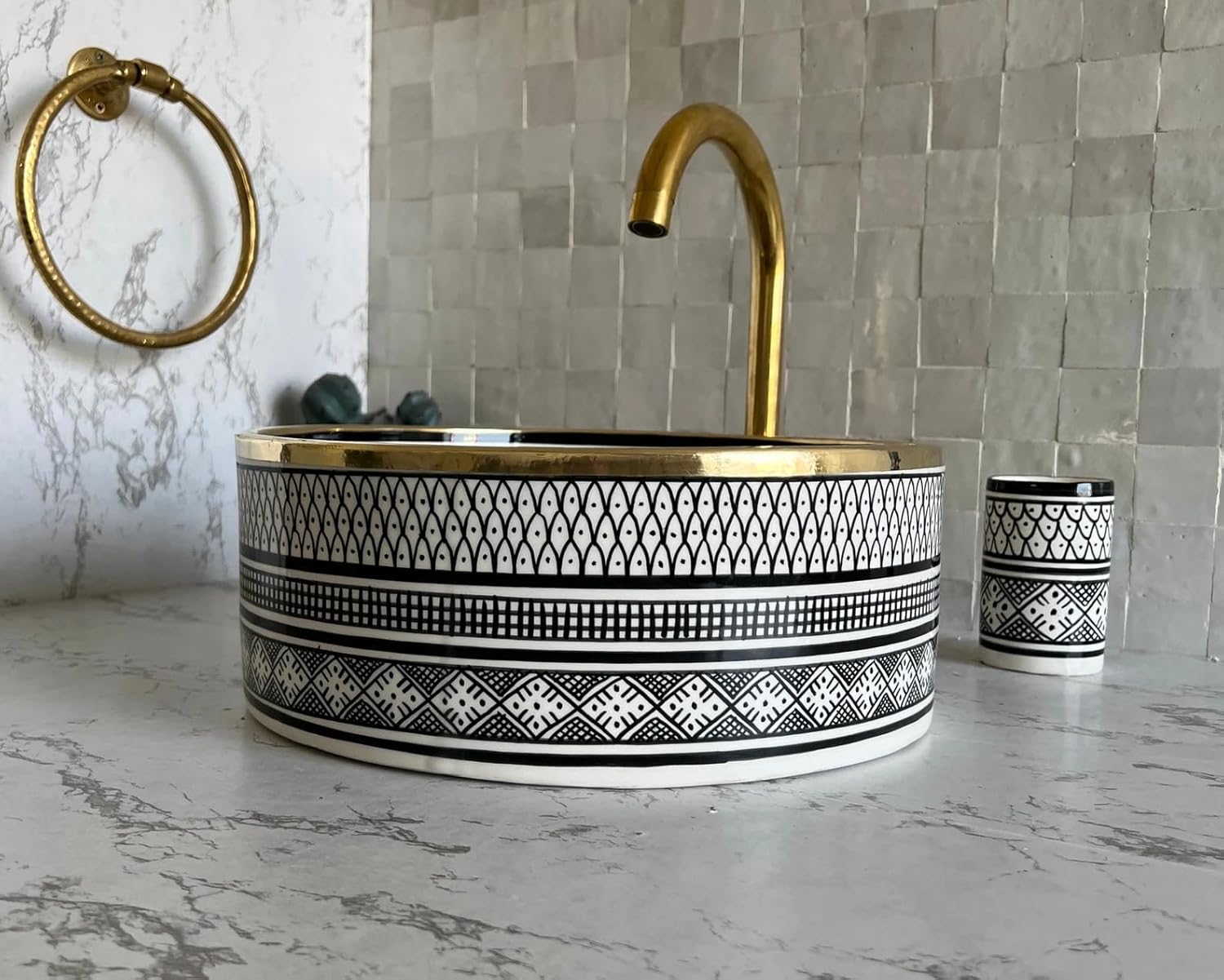 Handmade Moroccan Basin Ceramic Sink, Above Counter Sink Bowl with Brass Rim Edge, Handwash Countertop Vanity Basin, Farmhouse Bathroom vanity Basin, Hand Painted Wash Basin Sink, 2 Gifts (10"= 25cm)