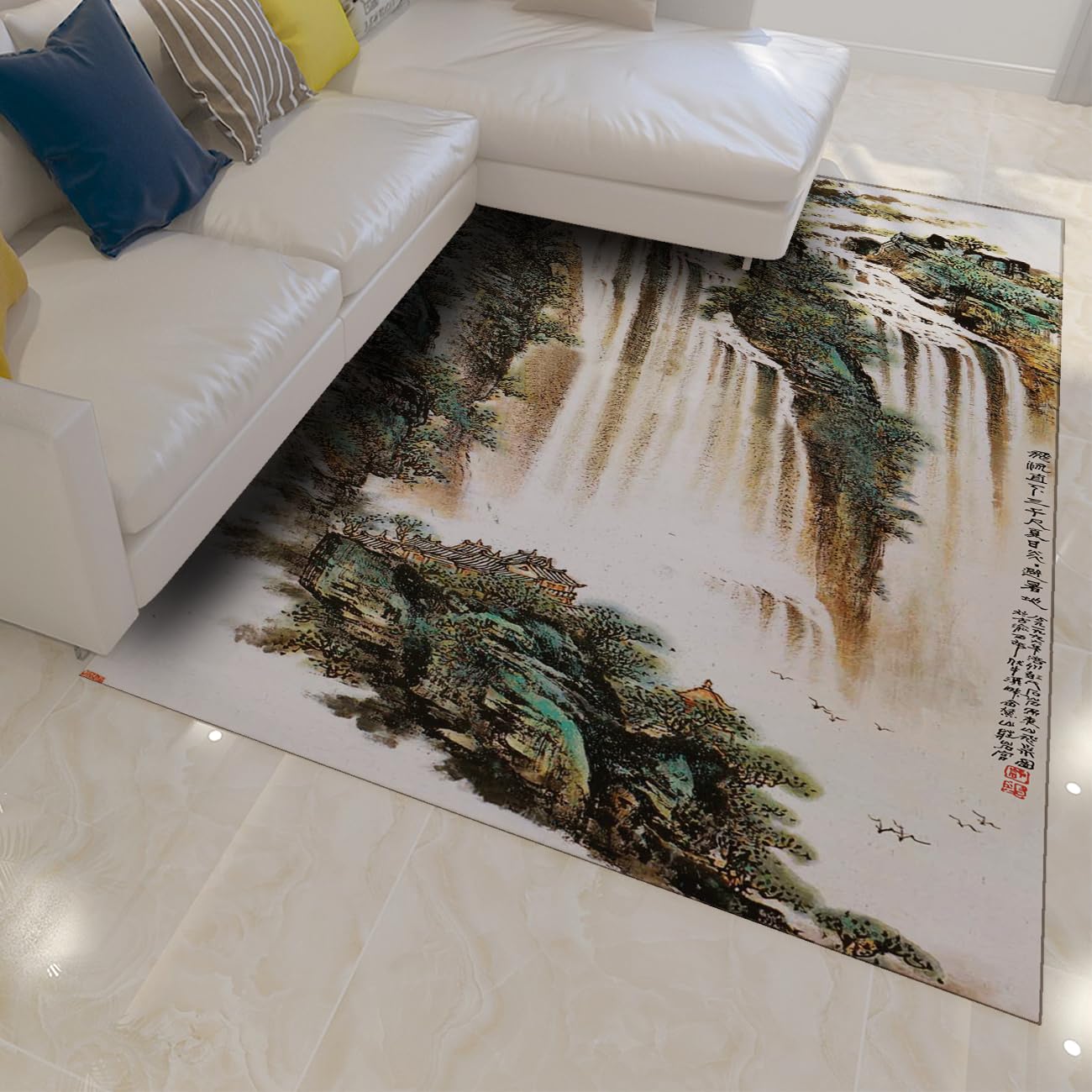 Tapis de peinture à l'encre naturelle cascade pour salon lavable 120x180cm