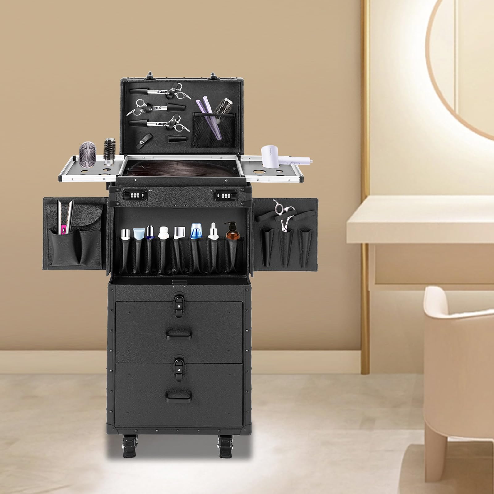 YIYIBYUS Rolling Makeup Case, 2 Storage Trays Locking Wheels Storage Salon Cart Trolley Floor Standing Cosmetic Trolley Makeup Storage Organizer Box Multifunction Cosmetics Trolley Train Case