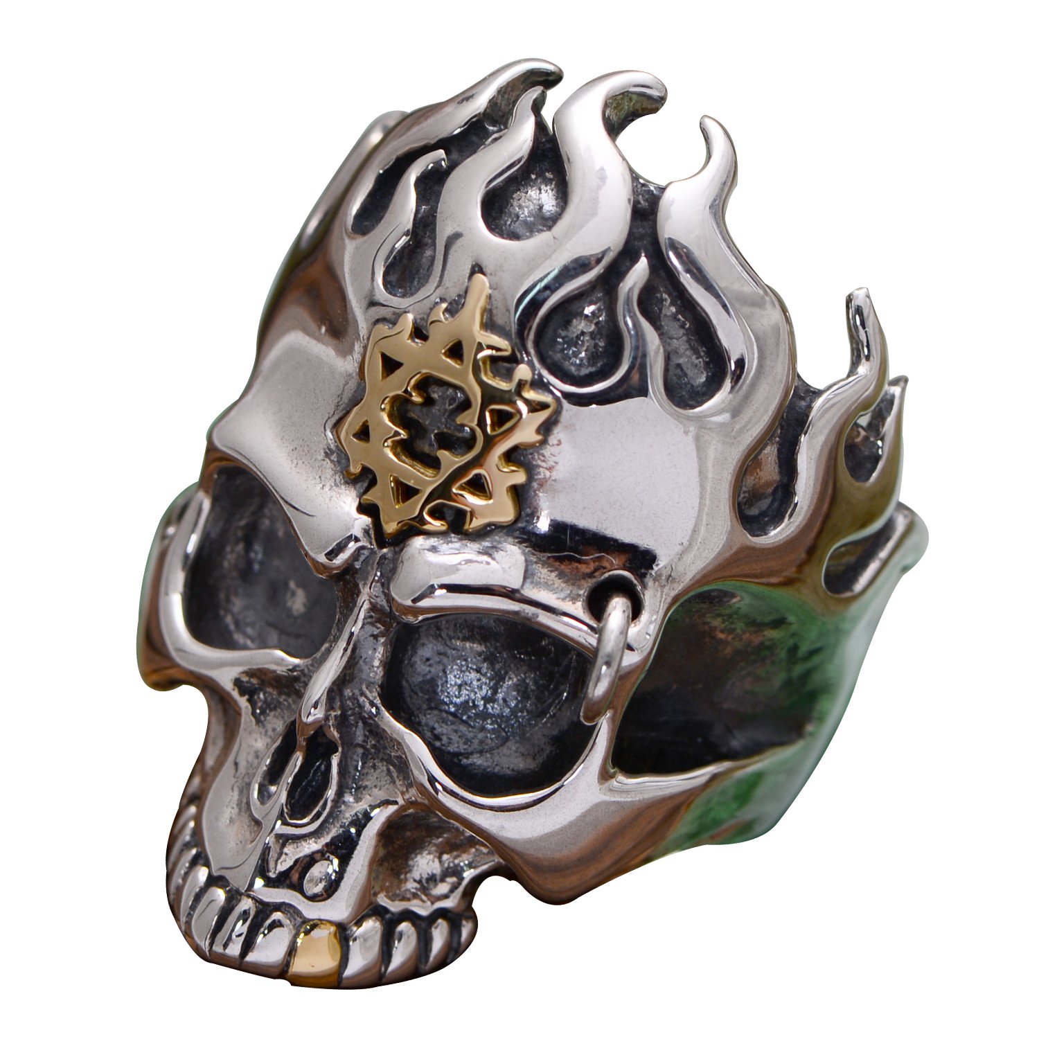 ForFox Anillo de calavera de fuego de plata de ley 925 con estrella de david dorada joyería gótica para hombres mujeres talla 17-26