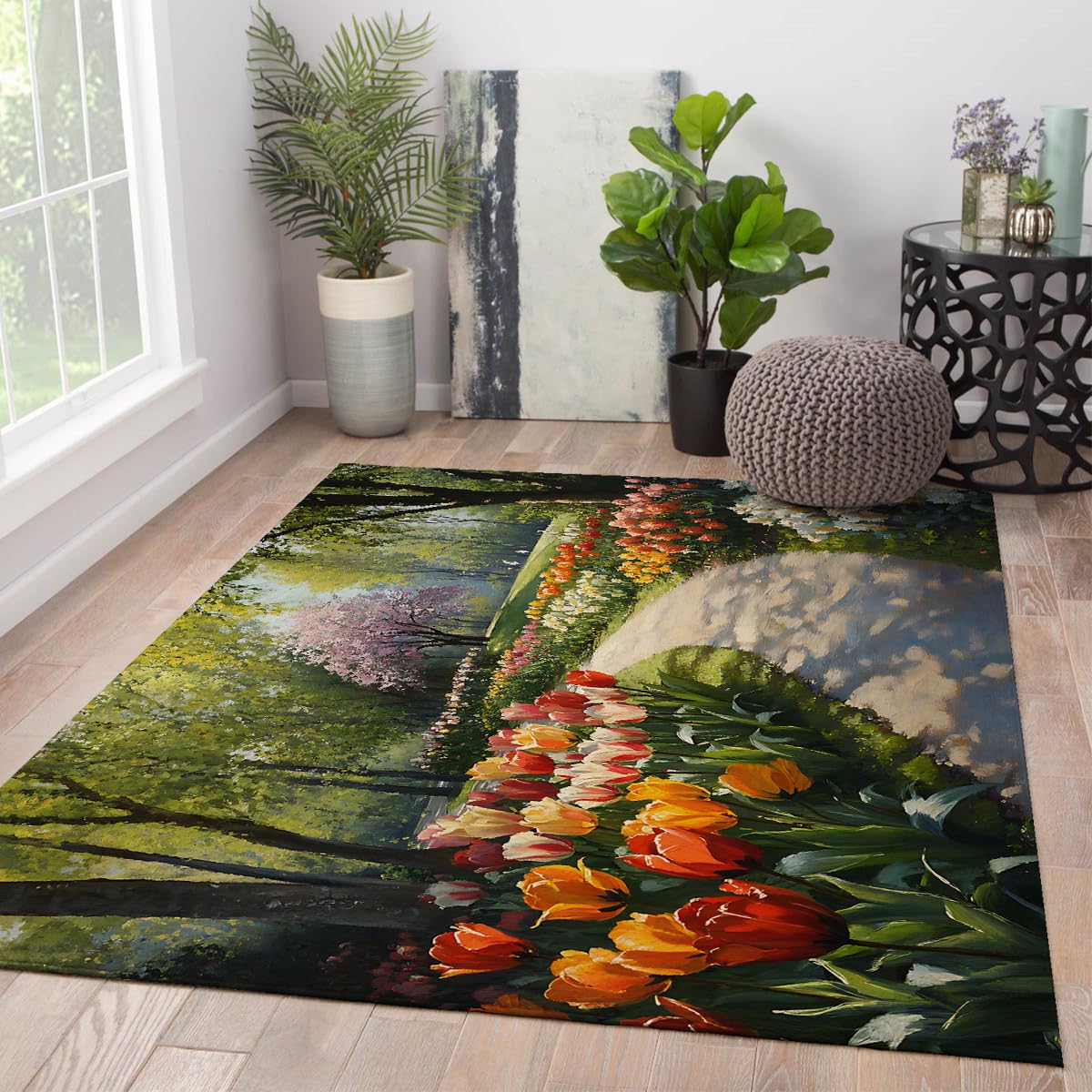 Tapis lavable motif tulipes 60x120cm oubliez les taches de salon