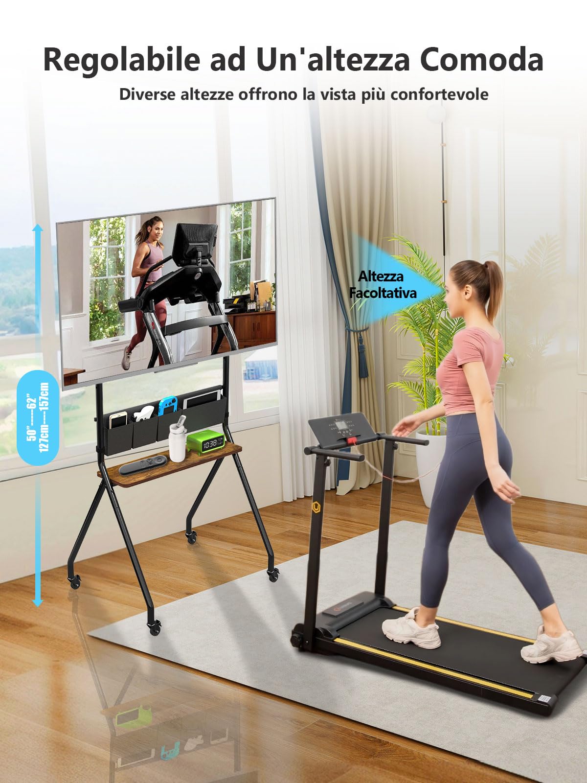 Mobile TV con borse portaoggetti, design estetico anti-collisione, carrello mobile per TV LCD/LED/OLED da 32 a 75 pollici, supporta fino a 99,8 kg, altezza regolabile con ruote silenziose bloccabili