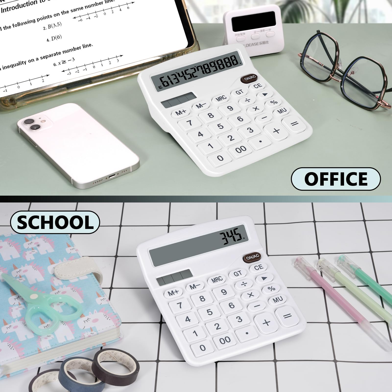 Jolie calculatrice de bureau blanche avec gros boutons, double source d'alimentation, solaire et batterie, grand écran d'affichage, parfaite pour le bureau, les enseignants et les étudiants