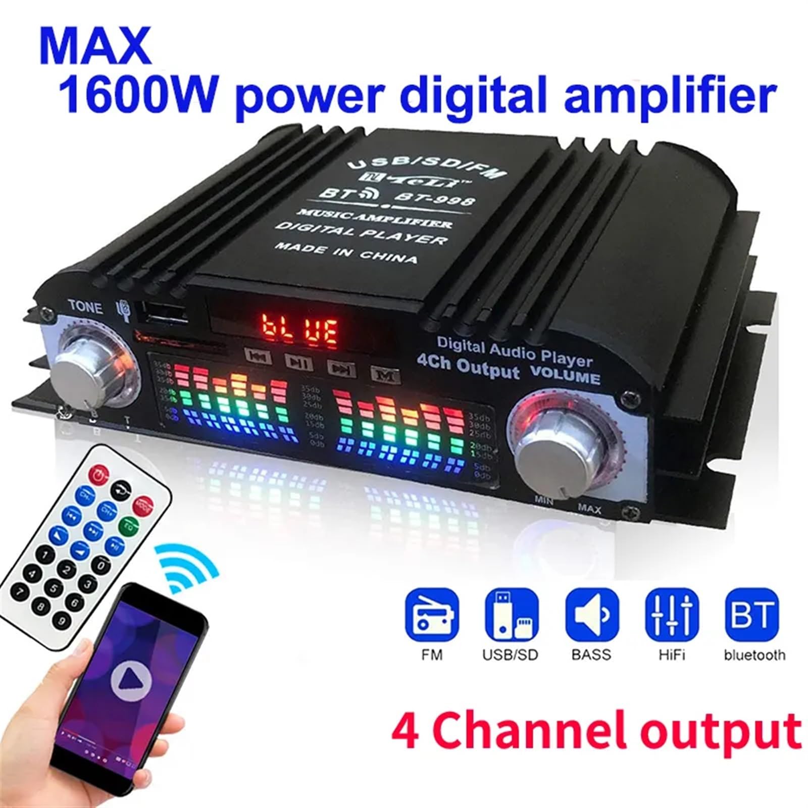 Amplificatore Audio HiFi con Potenza di Picco da 1600 W Amplificatore Audio Digitale a 4 canali Lettore Radio FM Supporto Telecomando
