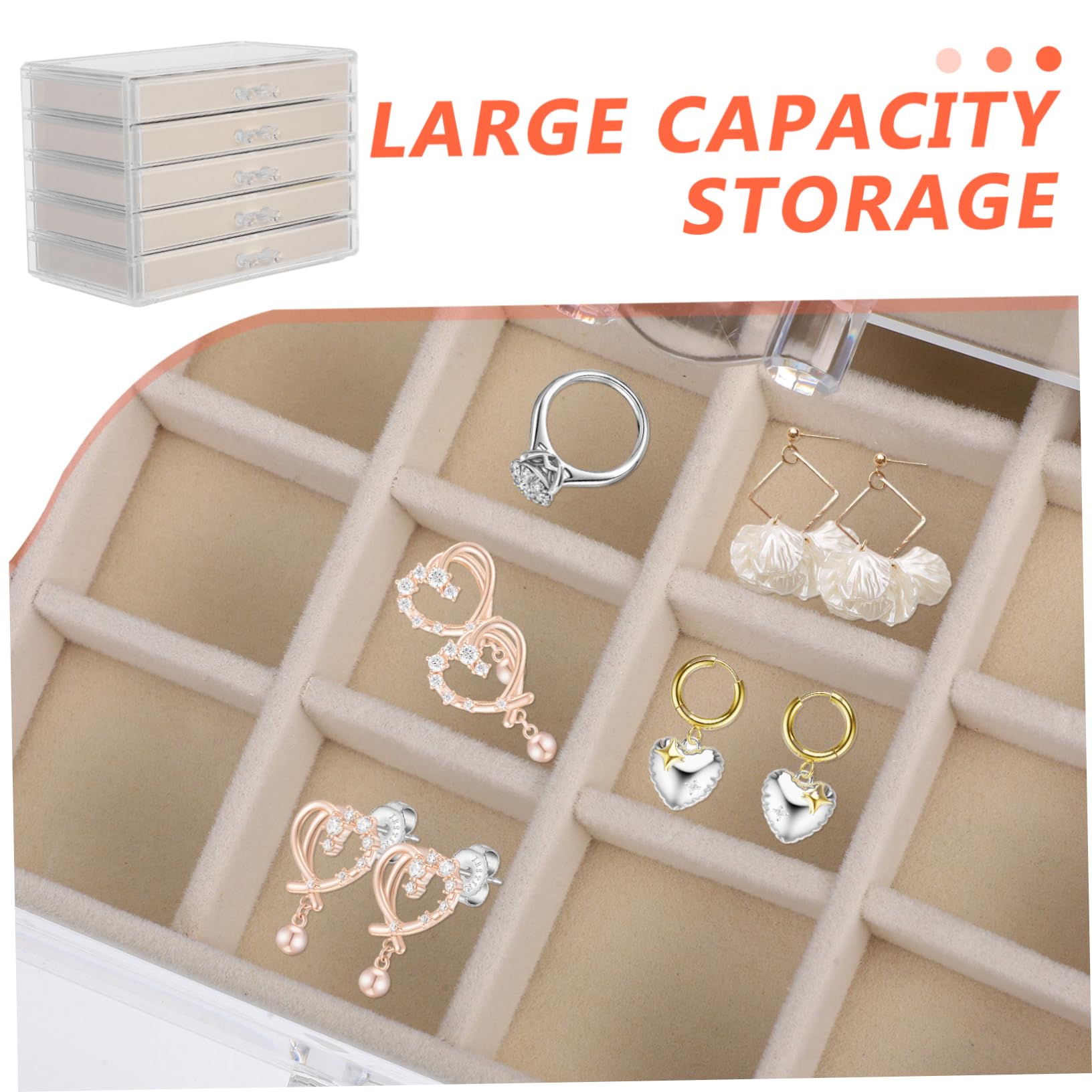 Portagioie in Acrilico con 5 Cassetti, Beige, Organizer | Struttura Multilivello, Grande Capacità, Design Raffinato e Minimale, Uso Multifunzione per Contenere Oggetti