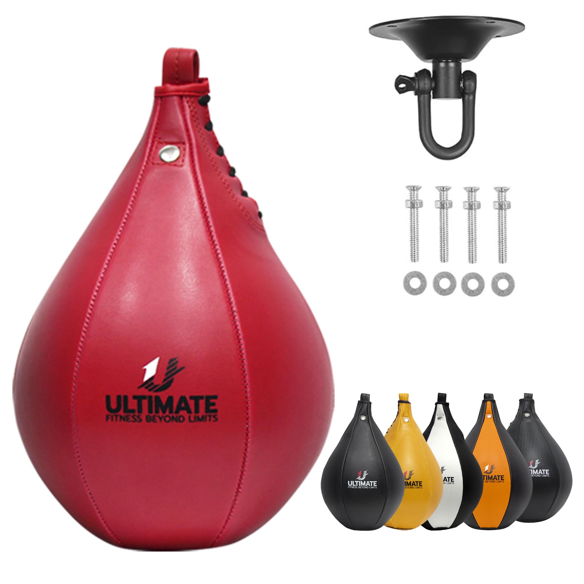 Ultimate Fitness Speed Bag - Boxing Leather MMA Muay Thai Training Punching Dodge Workout Speedball Kicking Striking Ball Kit with Hanging Swivel, Neddle, Screw Set