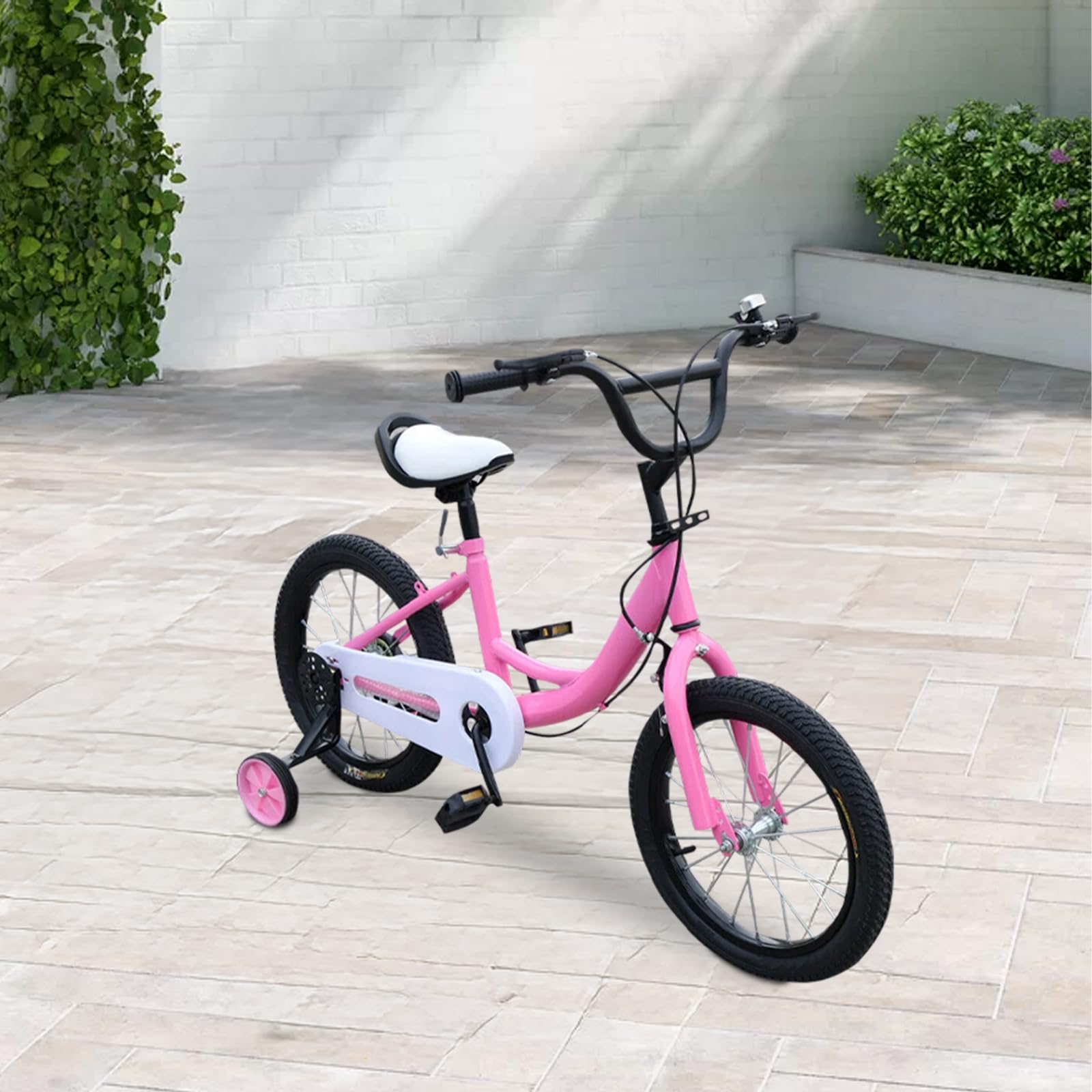 Vélo pour enfant de 16 pouces, en acier au carbone rose, réglable en hauteur, avec garde-boue, roues stabilisatrices amovibles, frein avant, frein arrière, pour garçons et filles de 4 à 8 ans