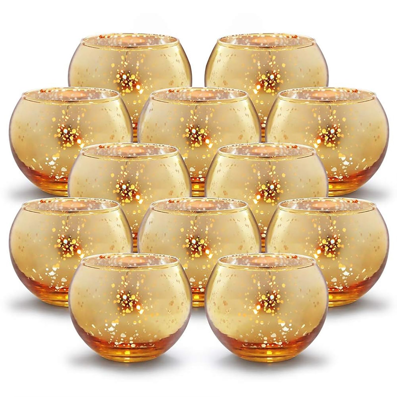 Round Gold Mercury Glass Votive Holders, Set of 12