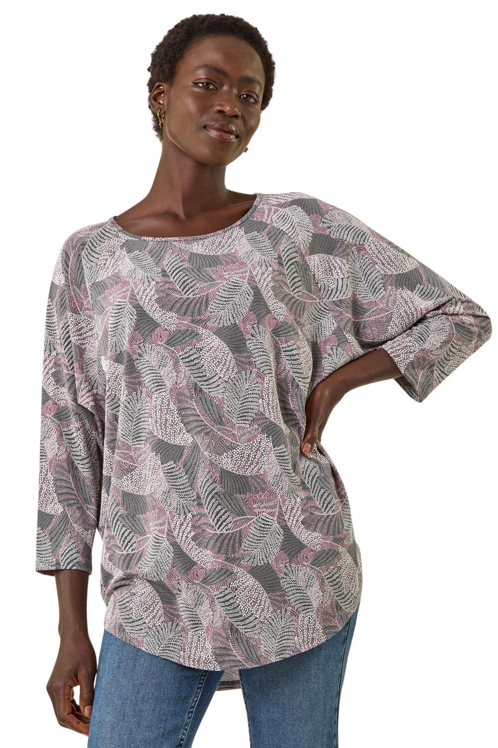 Roman Women's Grey Leaf Puff Print Stretch Top Size 20