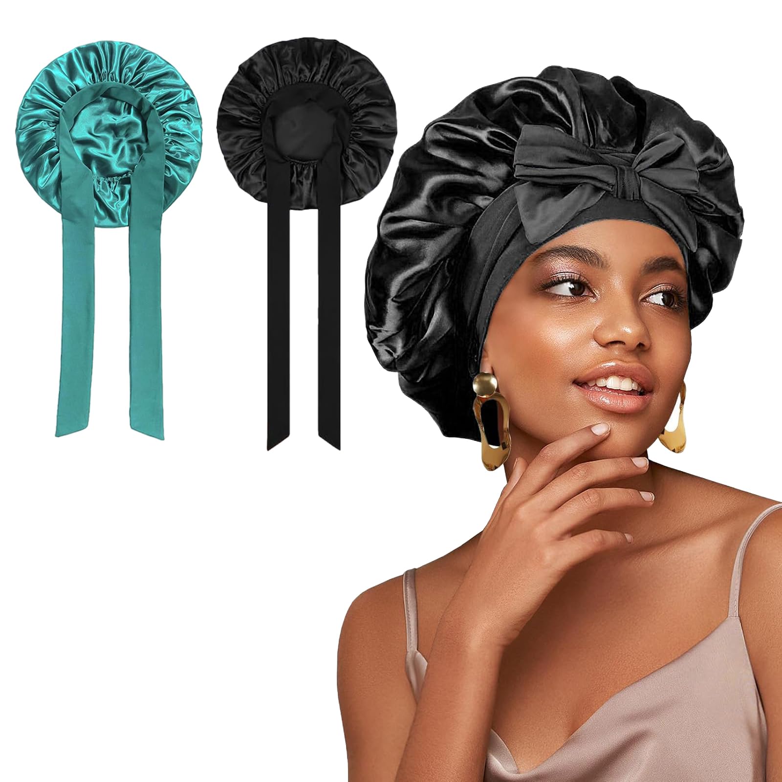 2PCS Silk Bonnet, Green & Black, Satin Hair Bonnet, Adjustable Size, For Sleeping, Curly Hair