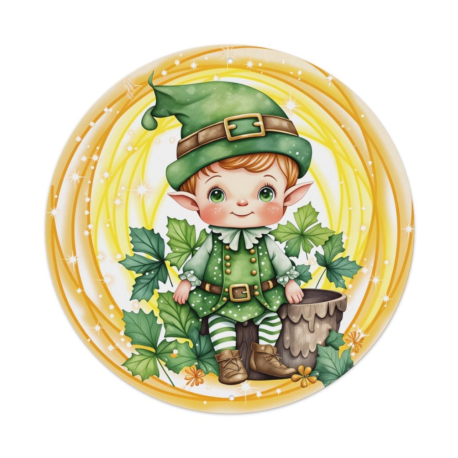 Cute Elf With Green Hat And Leaves Round Tin Sign Retro Metal Sign for Cafe Bar Pub Home Game Room Gym Club Wall Decoration Vintage Metal Poster 8x8 Inch