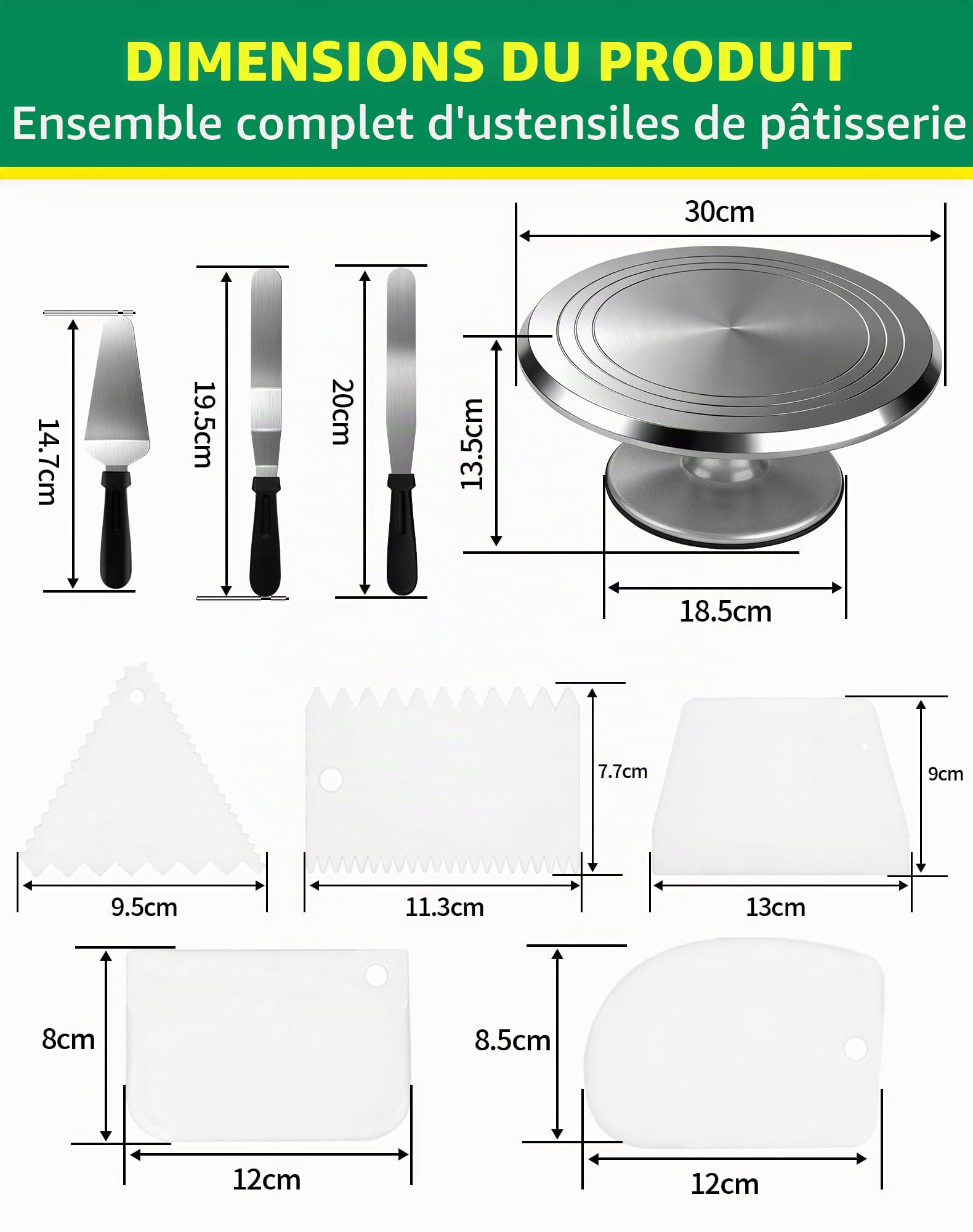 Plateau Tournant Gateau en Aluminium 30cm Plateau Tournant Patisserie Kit Rond Presentoir a Gateau Ustensiles à Pâtisserie avec 3 Lisseur Gateau et 5 Cornes pour Gâteaux Cuisson et Décoration