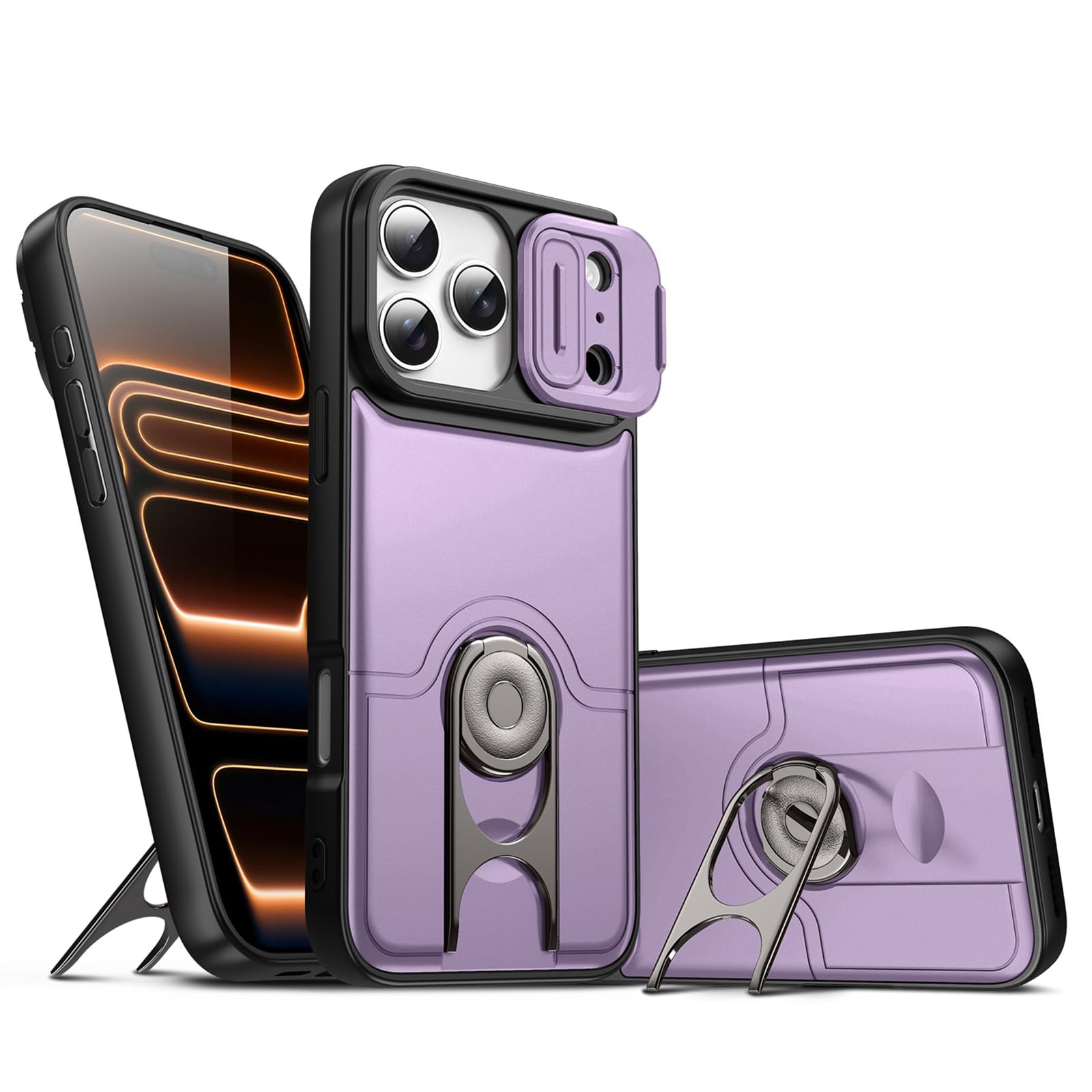 MFAOSHI Slim Case for iPhone 17 Pro Max/17 Pro/17 Air/17, All-inclusive Lens Protection Shockproof Case with Swivel Metal Stand Cover,Purple,17 ProMax