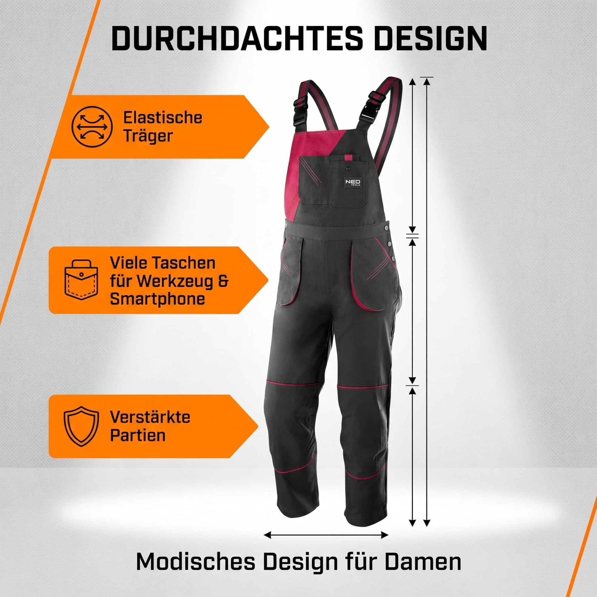 NEO TOOLS Damen Arbeitslatzhose oder SET mit Jacke und Latzhose Gr. S - XXL | modisches Design, Damen Arbeithose mit elastischen Träger, Veile Taschen, verstärkte