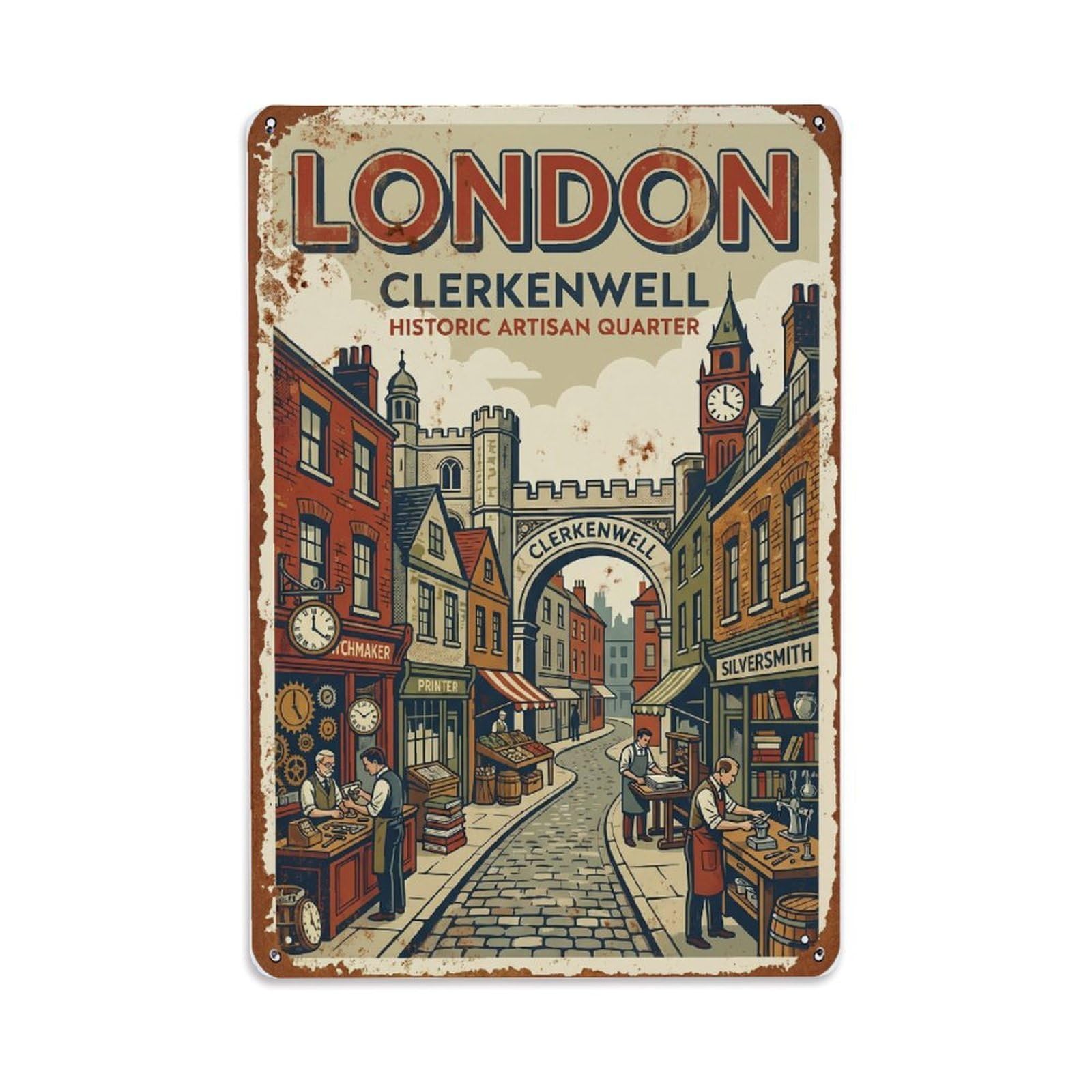 Vintage Travel London Clerkenwell Historic Quarter Rusted England Metal Tin Sign Plaque Wall Decor for Cafe, Club Bar, Office, Home Garden Metal Poster 8x12Inch