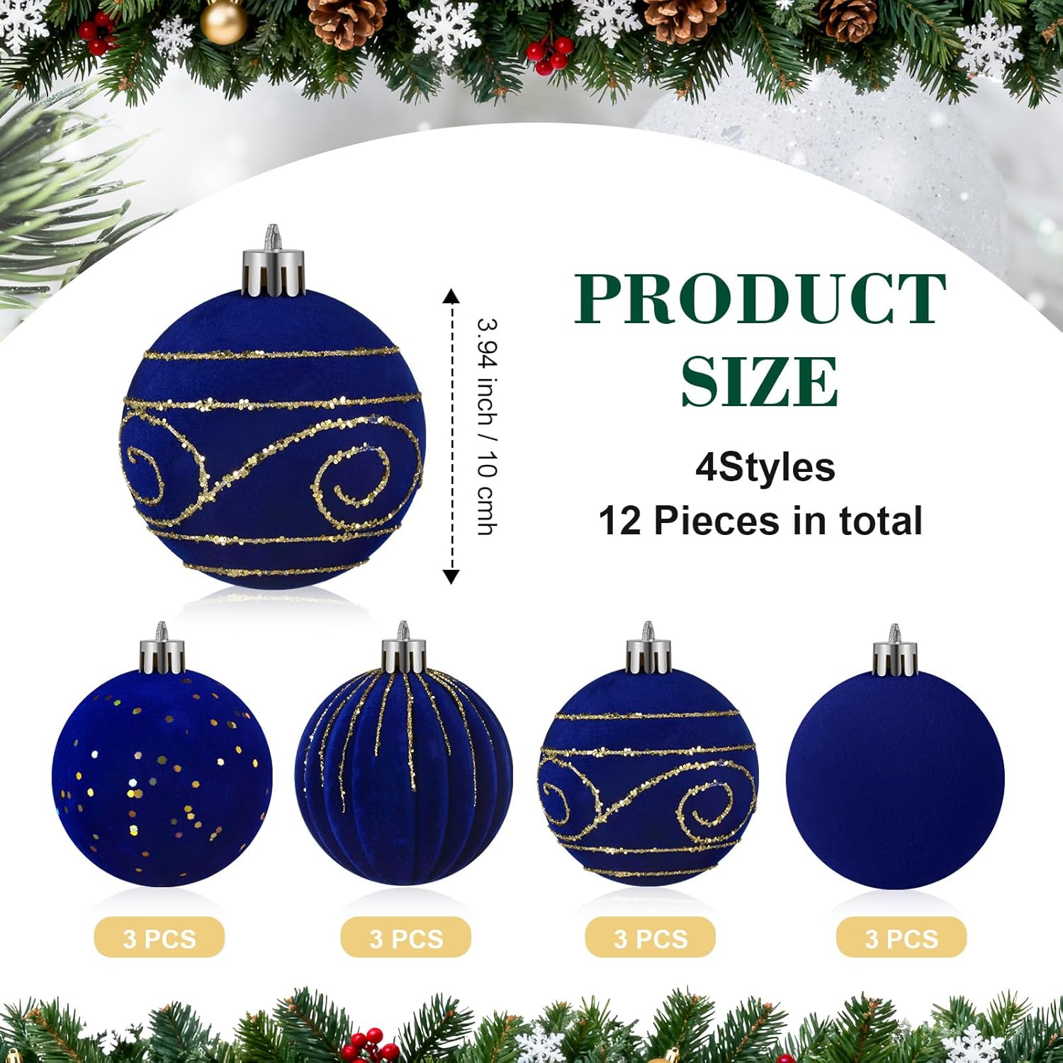Suzile 12 Pcs Large Velvet Christmas Ball Ornaments, 4 Inch Navy Blue Flocked Christmas Tree Ornament Shatterproof Hanging Xmas Ball Bulbs for 2025 Xmas Tree Home Decorations Blue 12