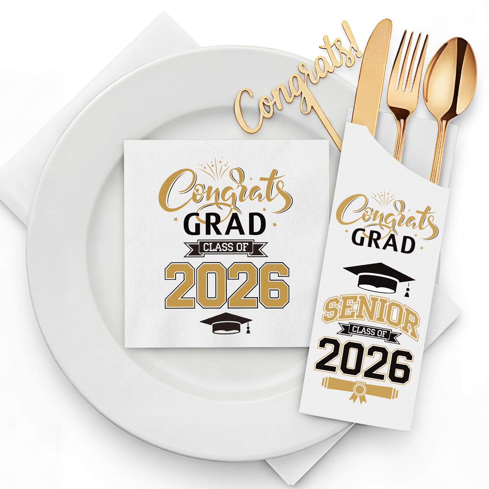 Photo 1 of ** MISSING NAPKINS **** FunooFuno 200 Pack White Gold Graduation Silverware Bags Napkins Set - Congrats Grad Class of 2026 Kraft Paper Utensil Holder Cutlery Sleeves with Guest Napkins, Senior College Grad Party Table Decor