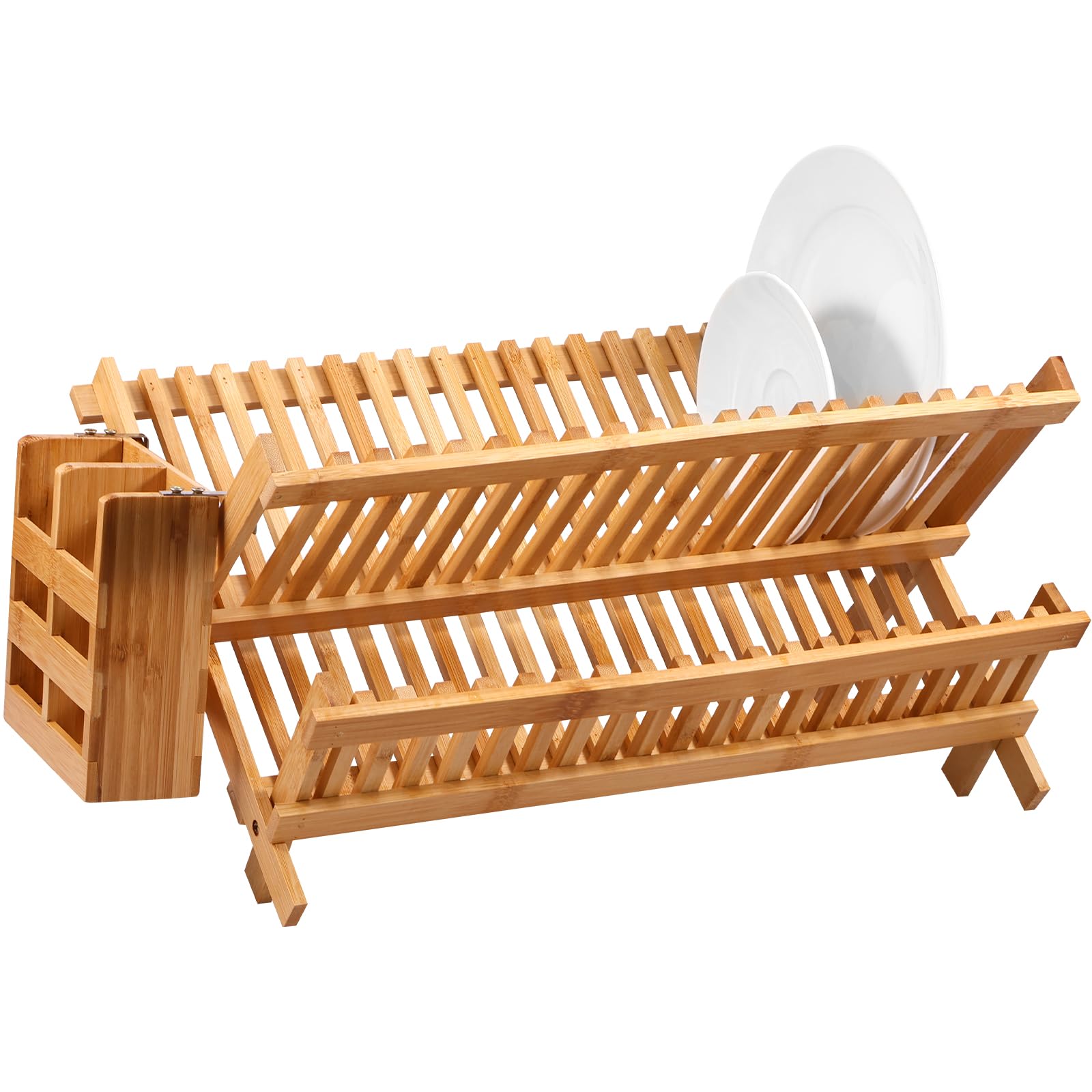 NIHUIFDPY Dish Drying Rack for Kitchen Counter, Collapsible Bamboo Dish Drainer Rack with 20 Slots, 2 Tier Bowl and Plate Holder with Utensil Box for Kitchen